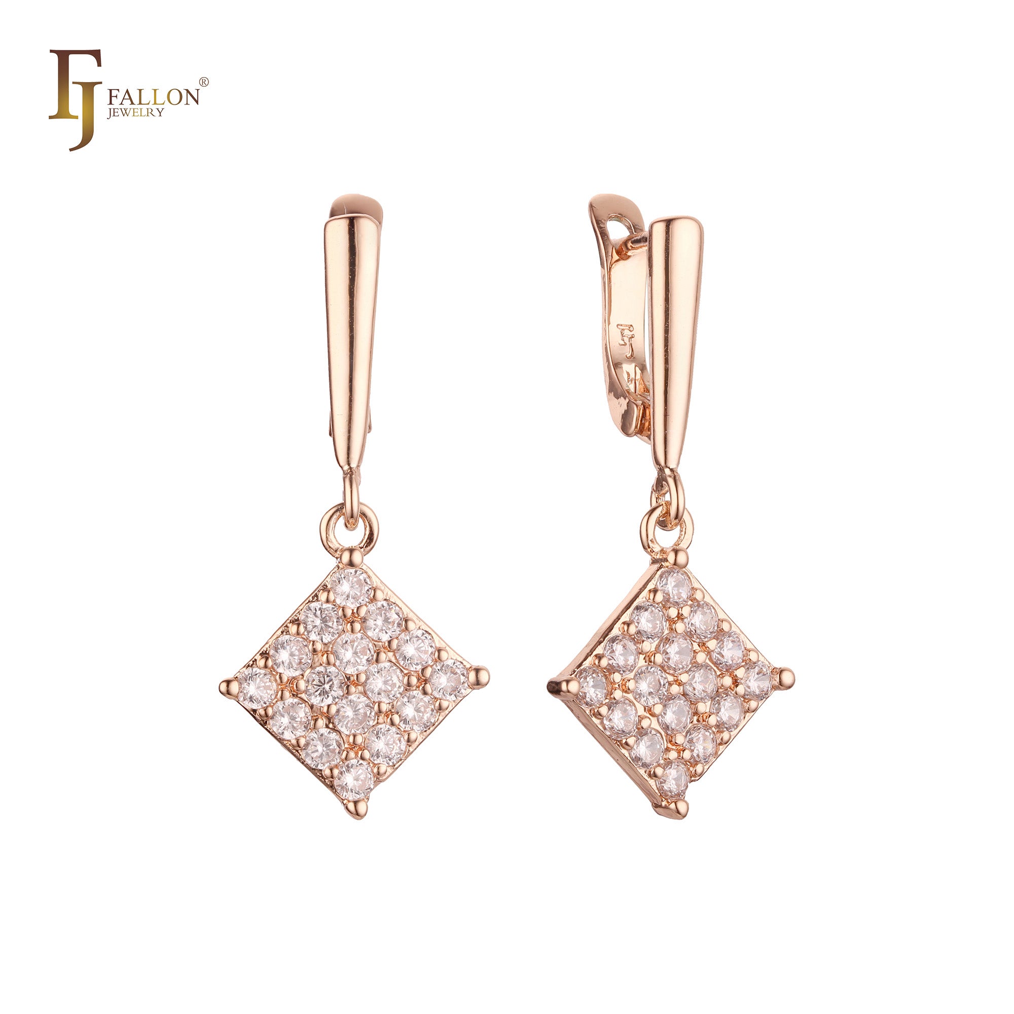 Rhombus white CZs paved Rose Gold drop Russian Lock Earrings