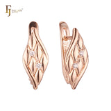 Elegant textured leaves with white CZs Rose Gold Russian Lock Earrings