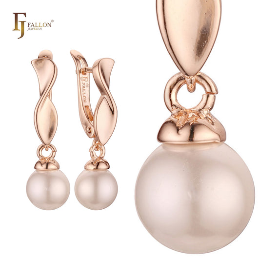 Twisted ribbon solitaire pearl Rose Gold Russian Lock Earrings