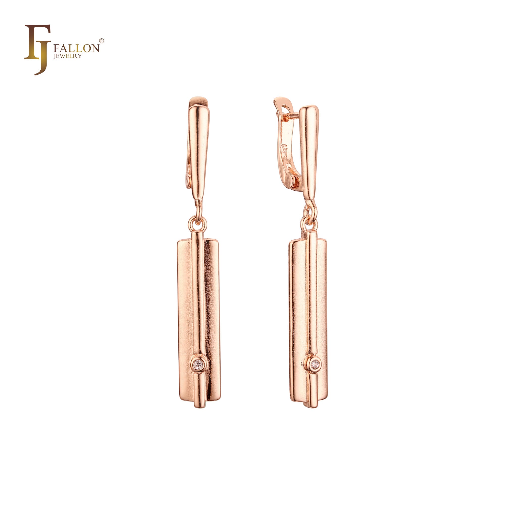 Long center bar white cz drop Rose Gold drop Russian Lock Earrings