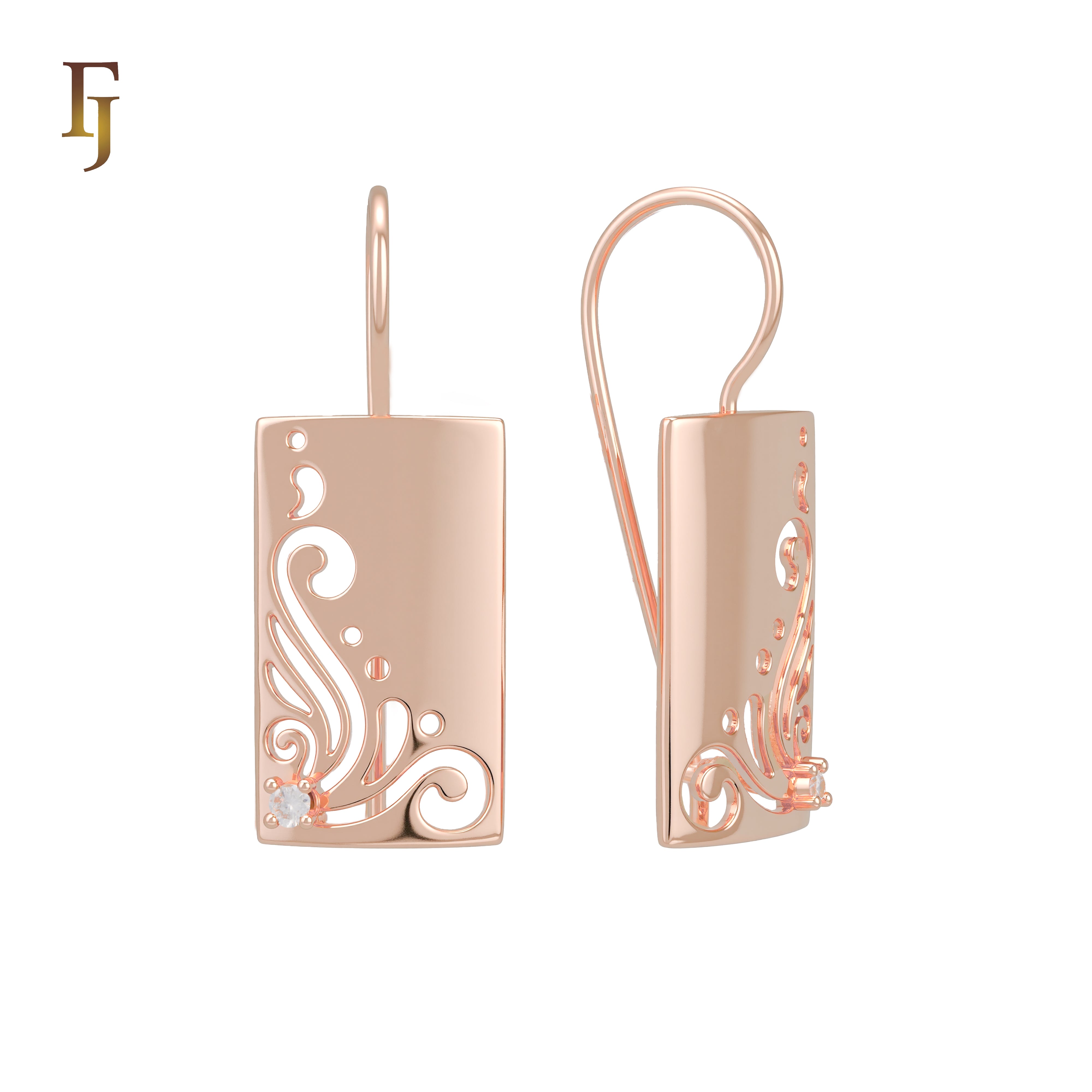 Gold Plated Wire Hook Earrings – Rectangular Panel with Swirl Cutout & CZ Accent | Artistic Lightweight Jewelry by FJ
