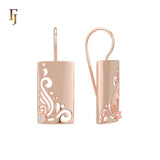 Gold Plated Wire Hook Earrings – Rectangular Panel with Swirl Cutout & CZ Accent | Artistic Lightweight Jewelry by FJ