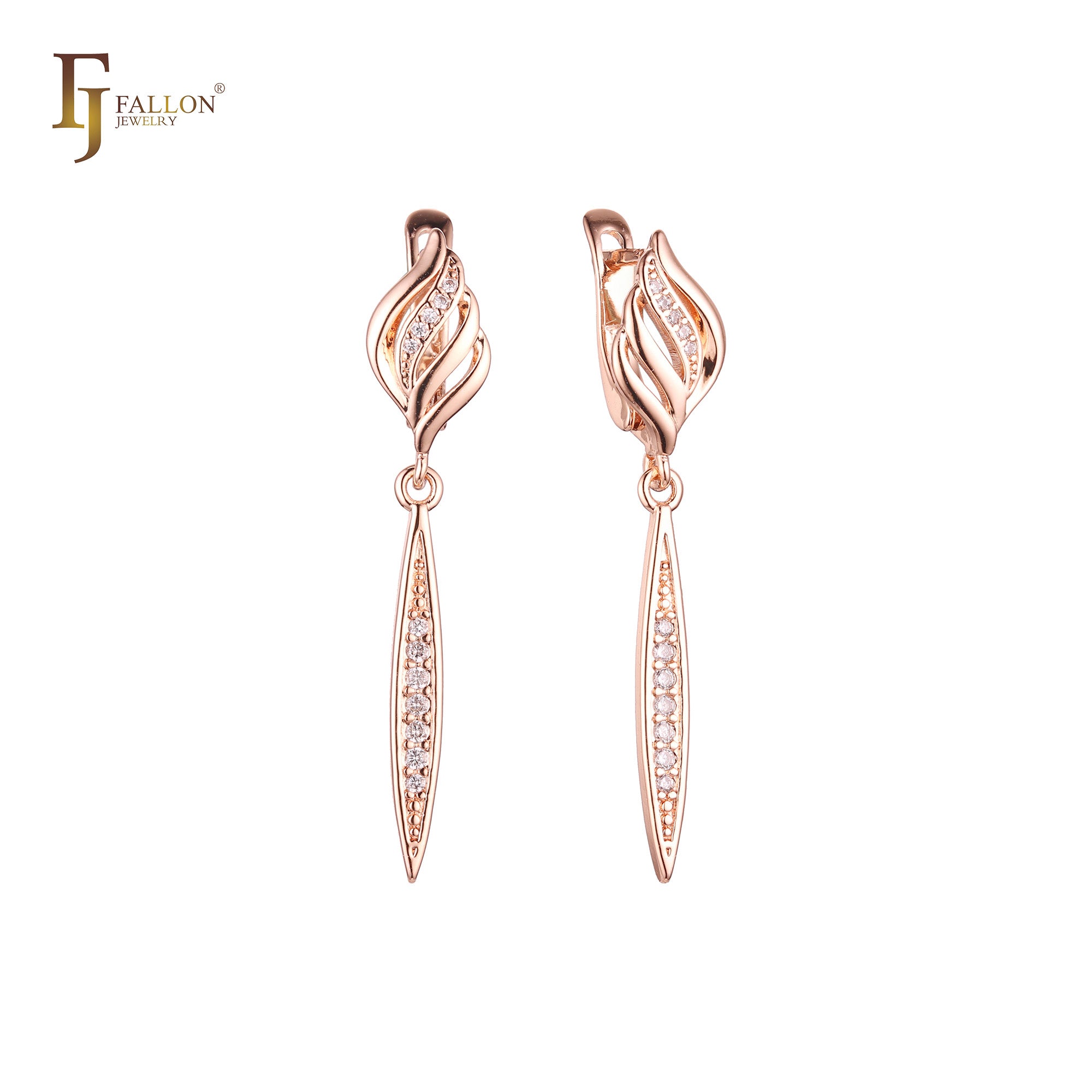 Feather cluster paved white CZs Rose Gold drop Russian Lock Earrings