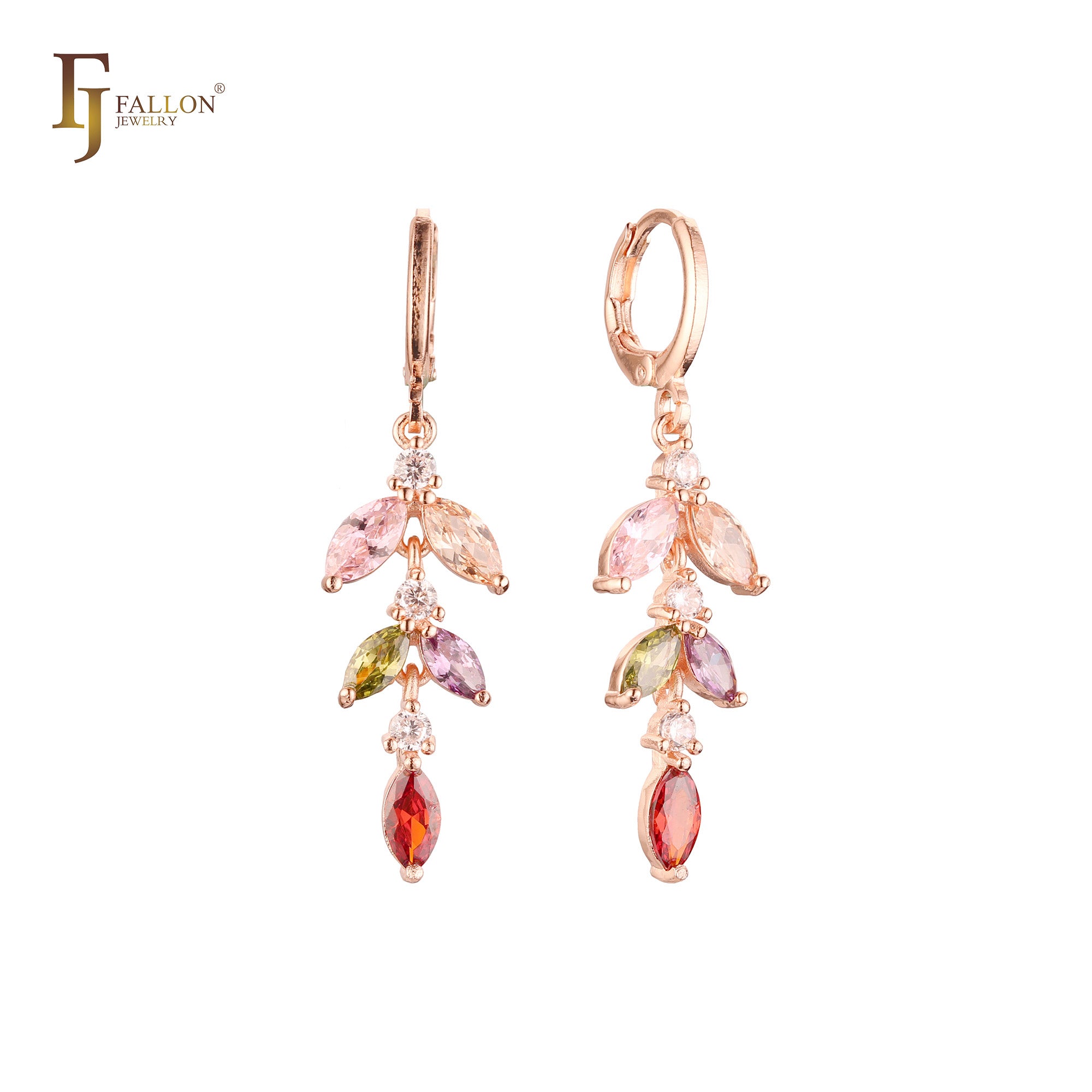 CLuster colorful stones Rose Gold drop Huggie Earrings