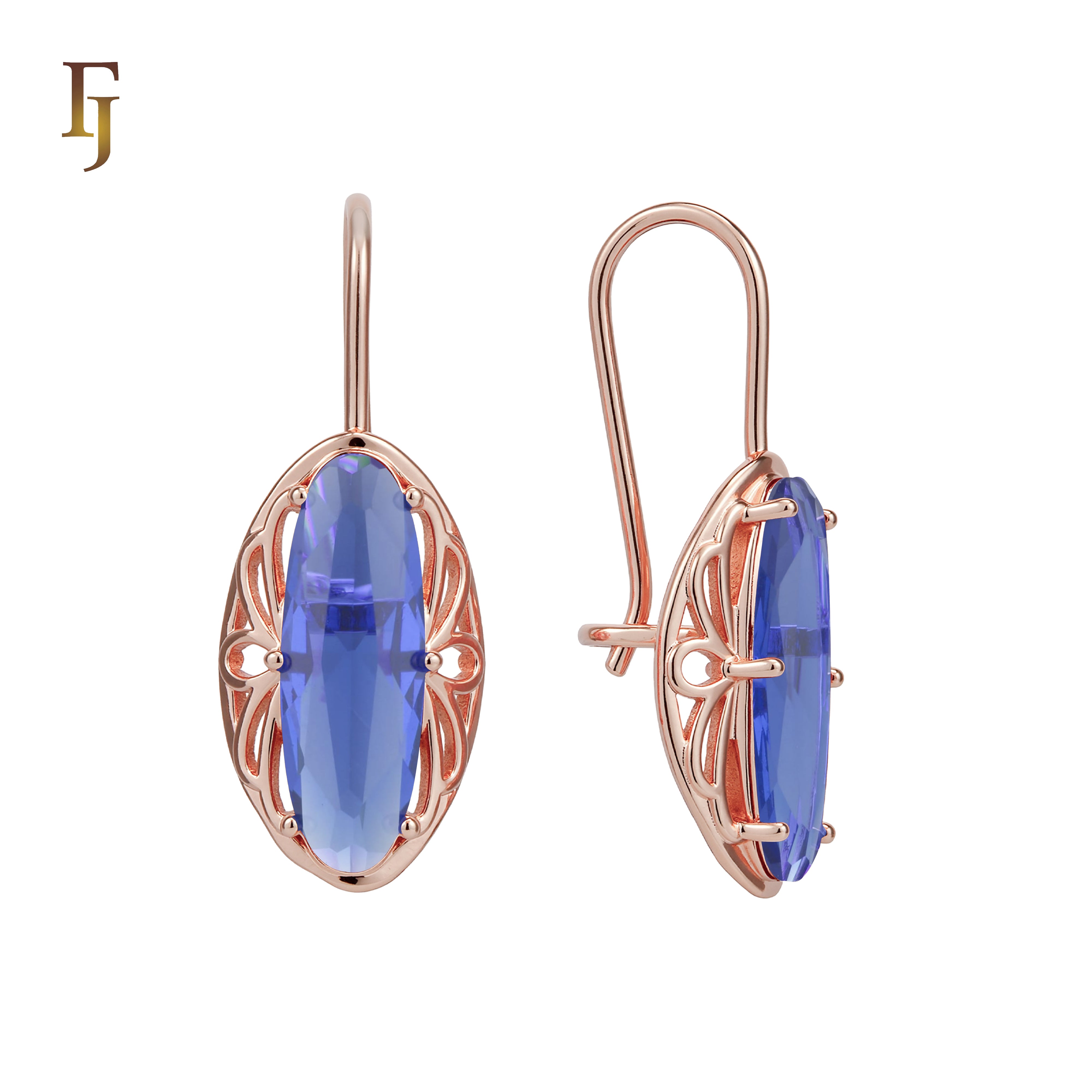 Gold Wire Hook Earrings – Oval Purple CZ with Filigree Frame | Elegant Pierced Jewelry by FJ