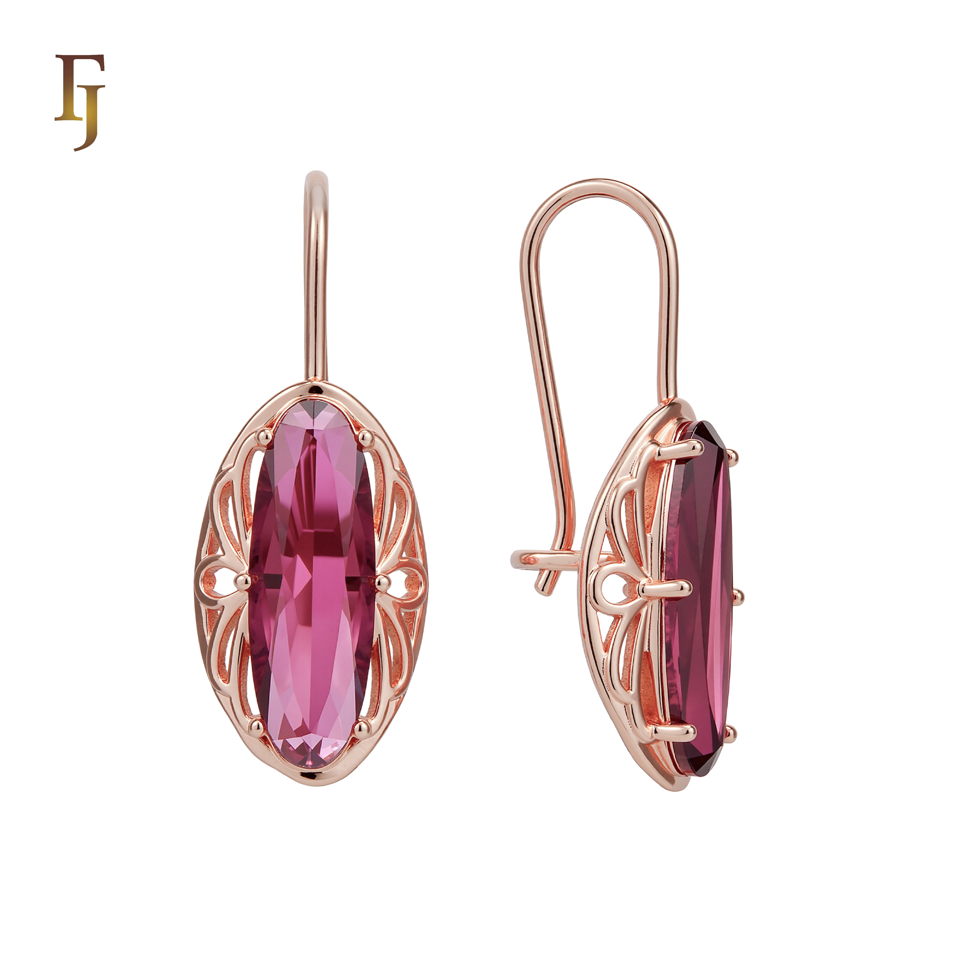 Gold Wire Hook Earrings – Oval Purple CZ with Filigree Frame | Elegant Pierced Jewelry by FJ