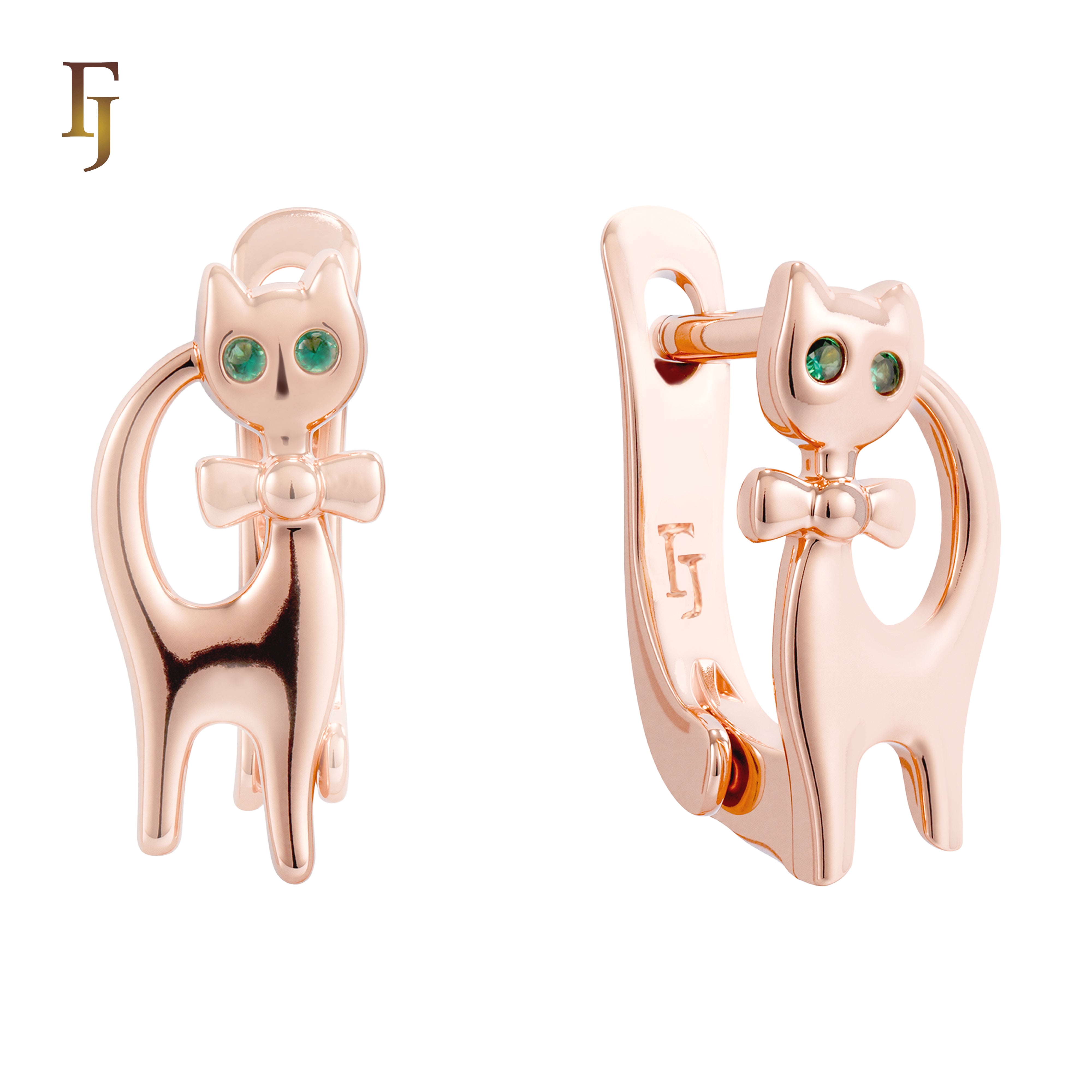 Cute Gold Cat Earrings with Green CZ Eyes and Bow – Adorable Animal Jewelry for Girls and Women