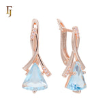 🔥 Gold Russian Lock Earrings – Blue Triangle CZ Drop with Crisscross Pavé Design | Elegant Non-Tarnish Jewelry by FJ