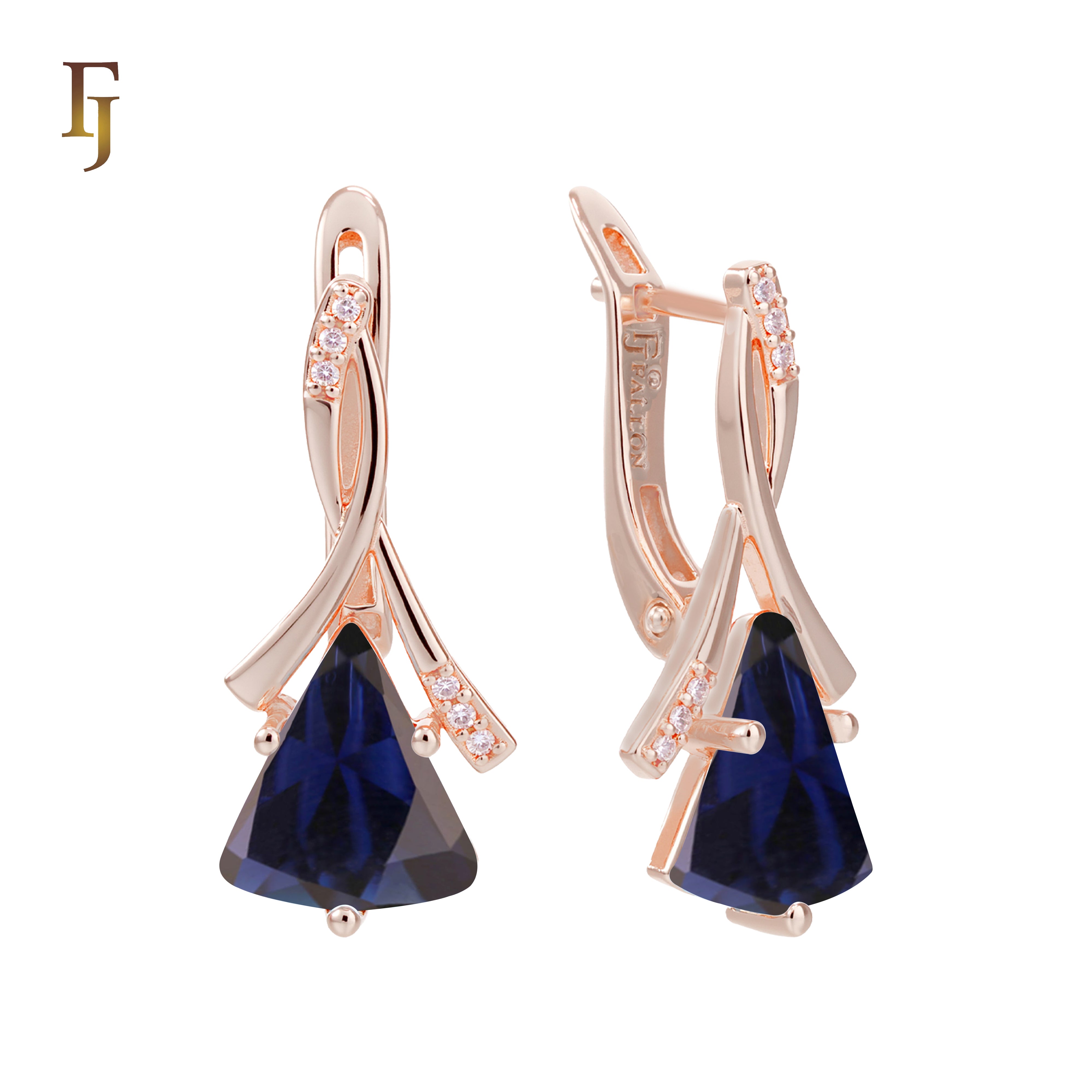🔥 Gold Russian Lock Earrings – Blue Triangle CZ Drop with Crisscross Pavé Design | Elegant Non-Tarnish Jewelry by FJ