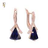 🔥 Gold Russian Lock Earrings – Blue Triangle CZ Drop with Crisscross Pavé Design | Elegant Non-Tarnish Jewelry by FJ