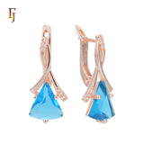 🔥 Gold Russian Lock Earrings – Blue Triangle CZ Drop with Crisscross Pavé Design | Elegant Non-Tarnish Jewelry by FJ