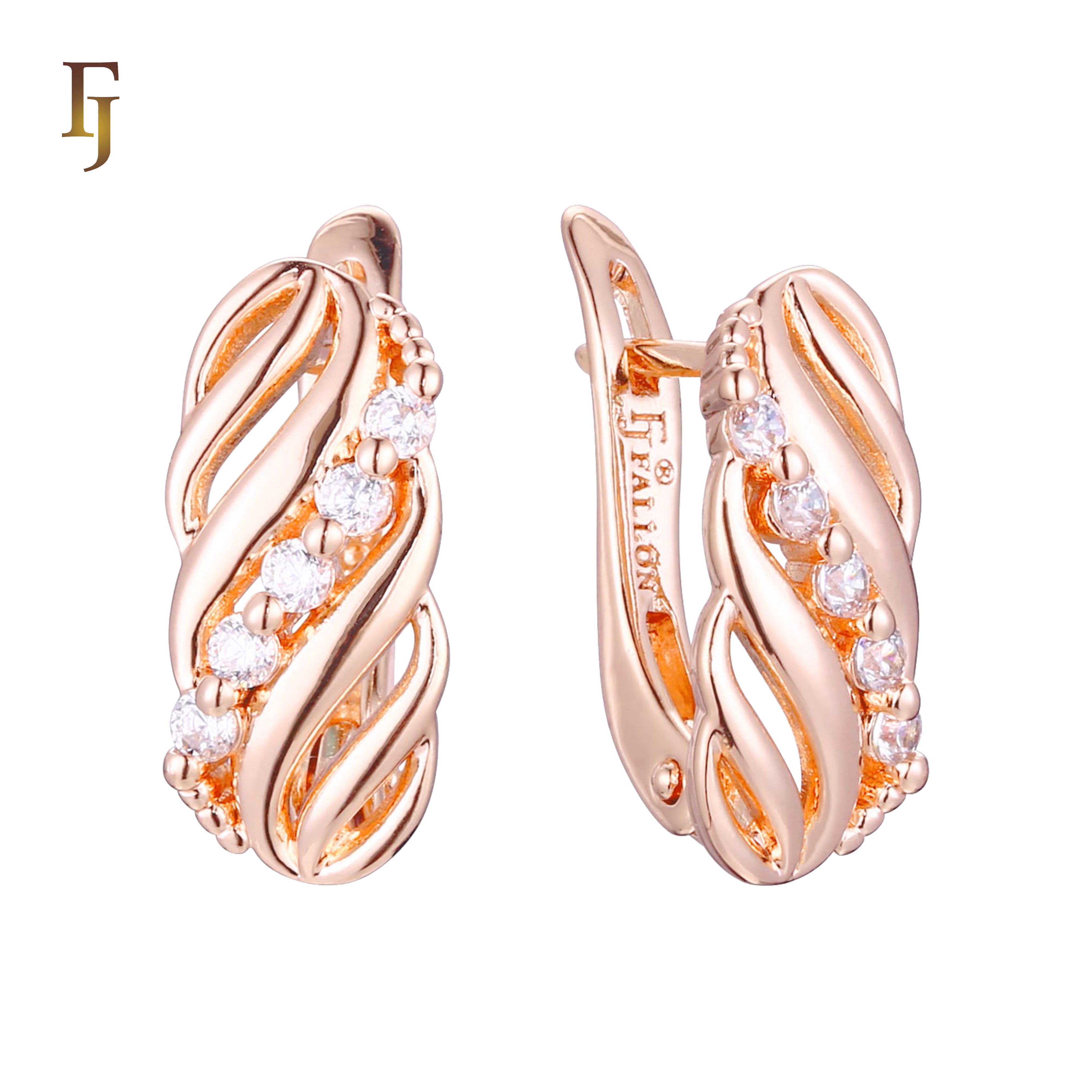Gold-Plated Russian Lock Earrings with Twisted Design and CZ Accents – Elegant Hoop Style