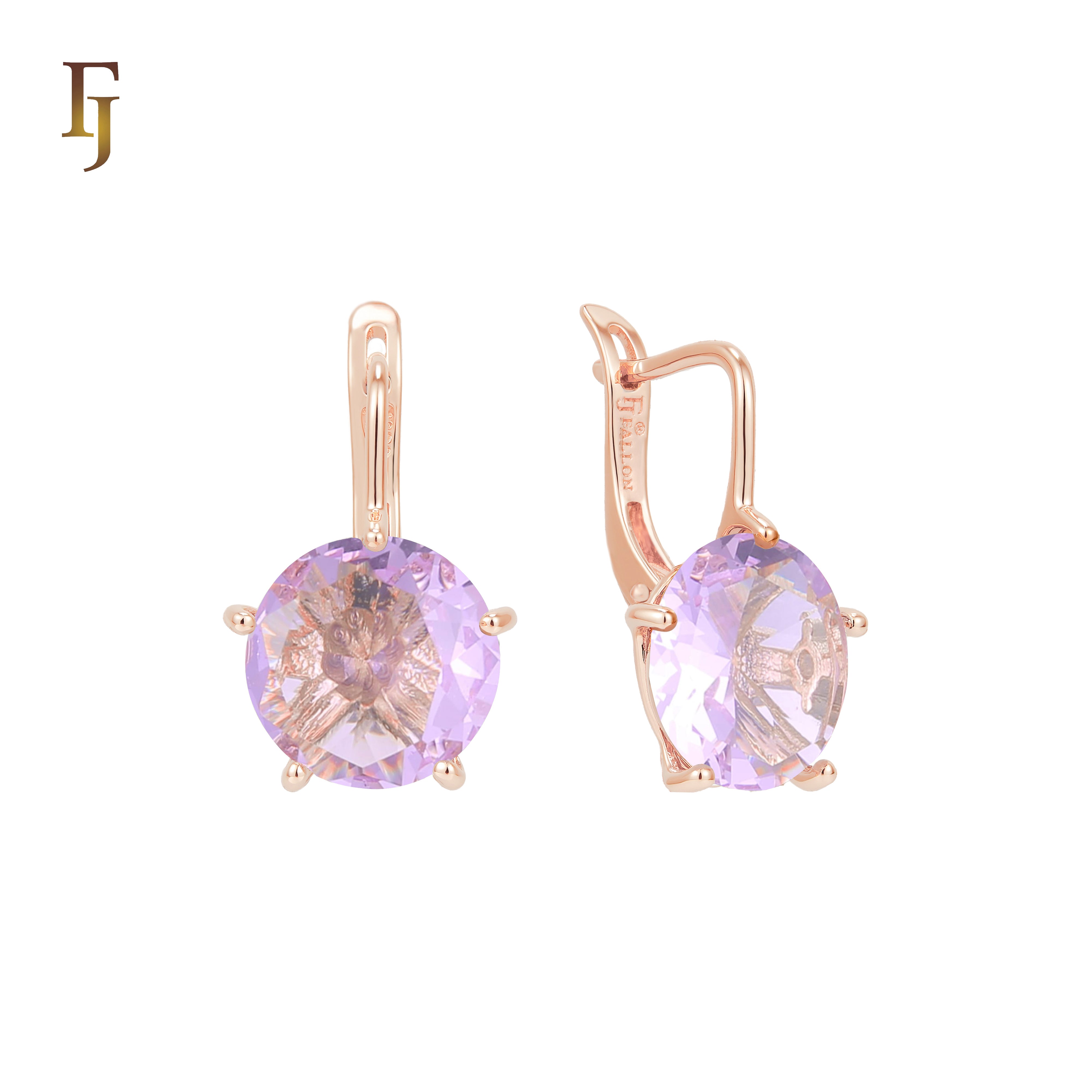 Gold Russian Lock Earrings – Round Light Purple CZ Four-Prong Drop | Minimalist Non-Tarnish Jewelry by FJ