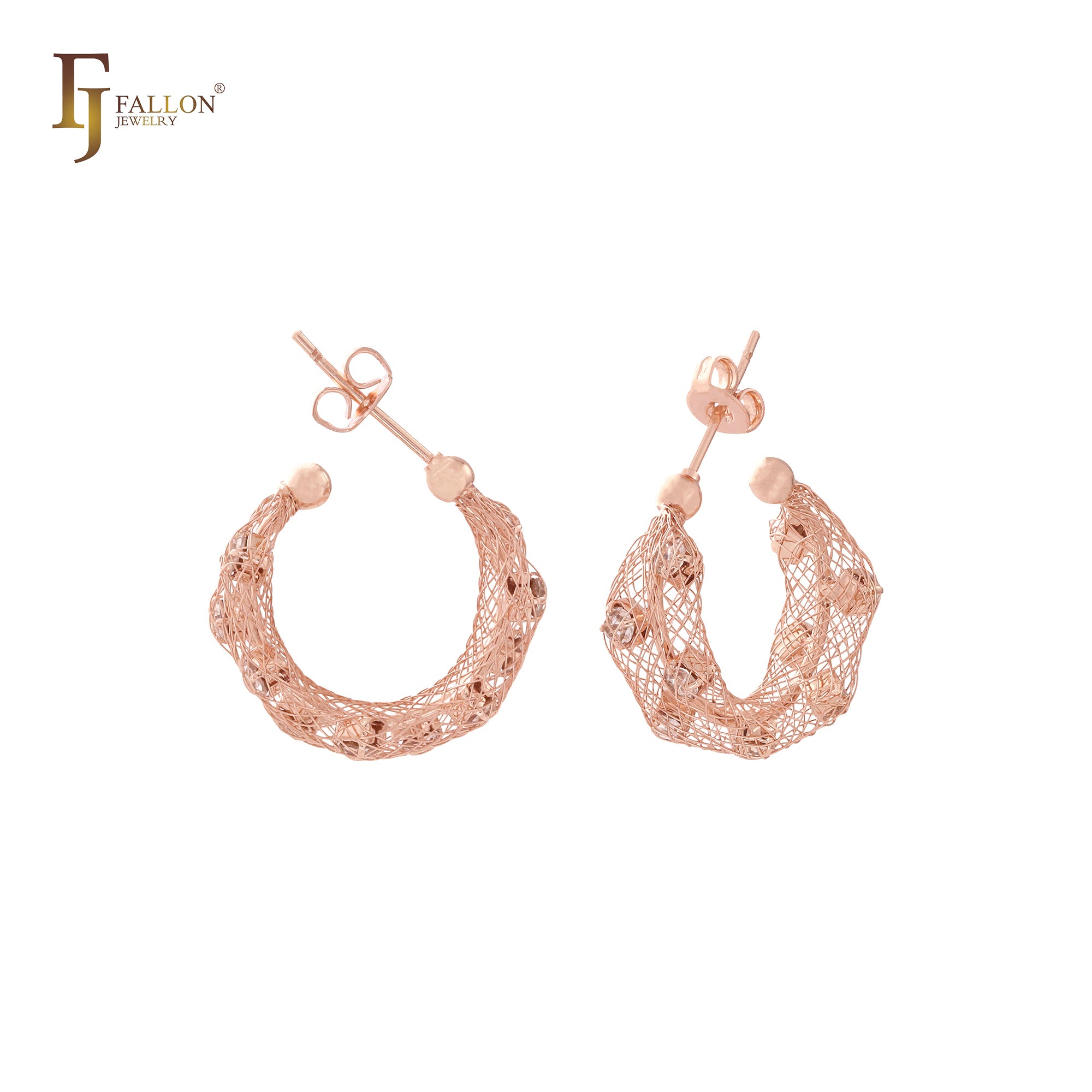 Geometric Net mesh Cluster CZs 14K Gold, Rose Gold stud earrings
