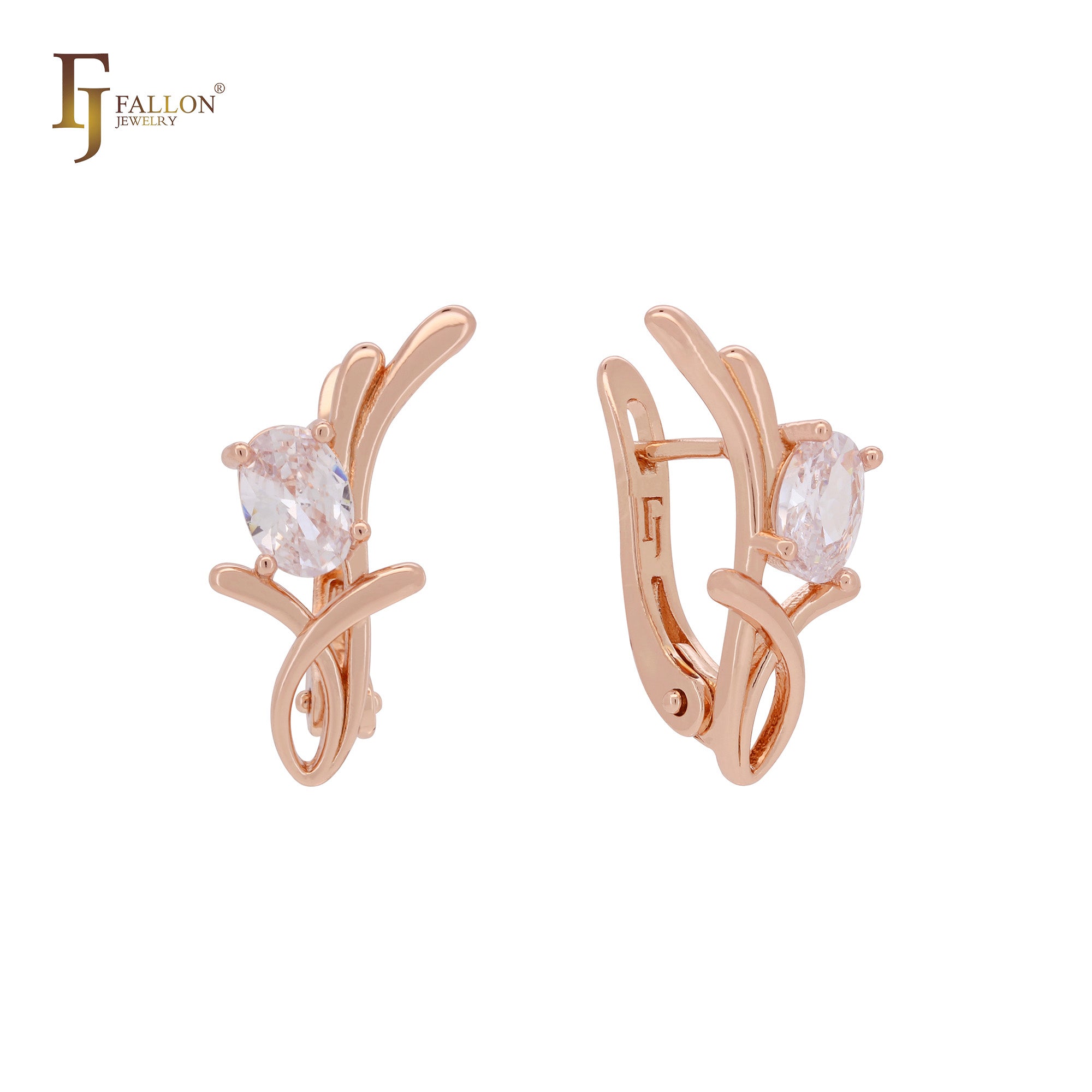 Brincos de ouro rosa com zircônia cúbica branca e galho solitário