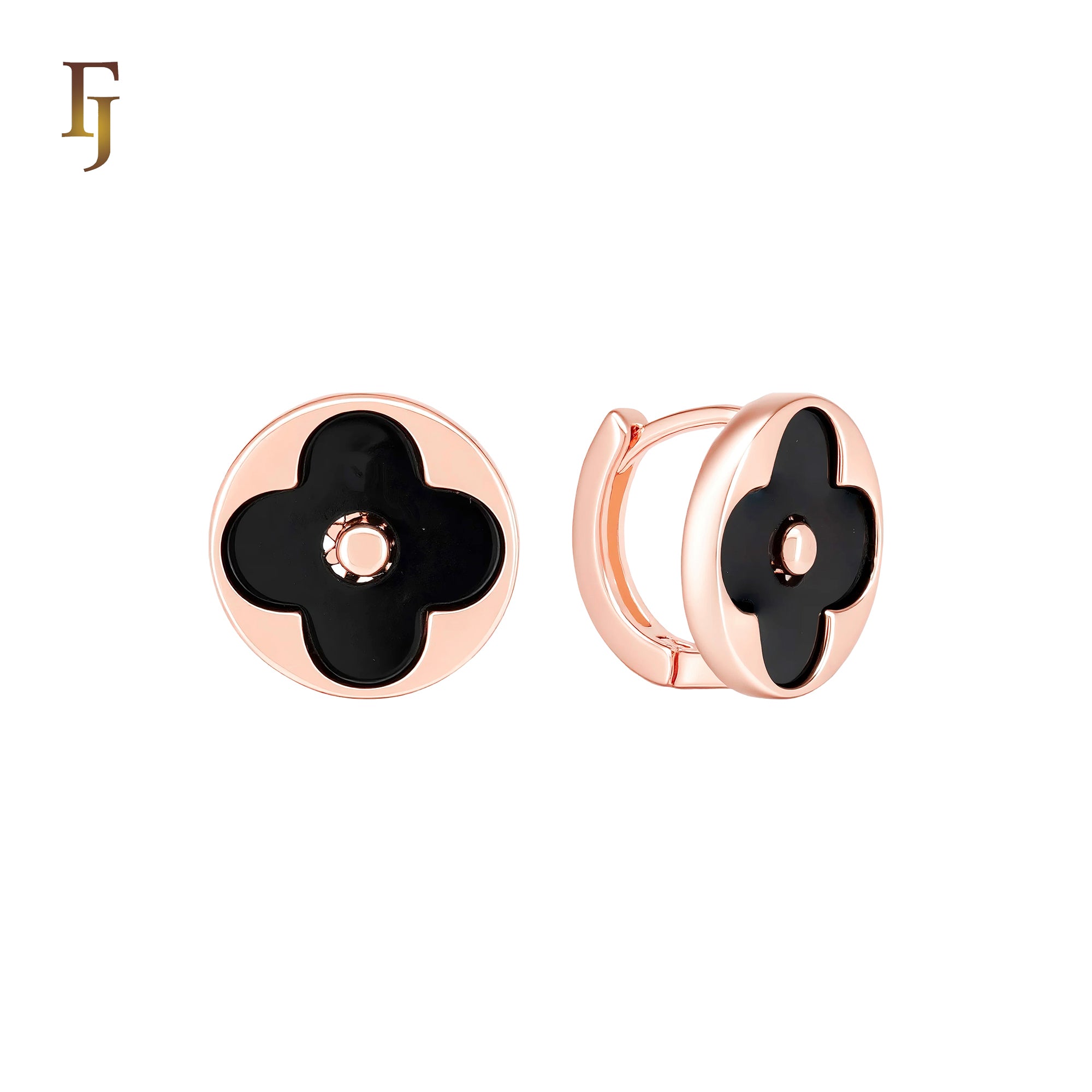 Black oil painted Clover Rose Gold Huggie Earrings