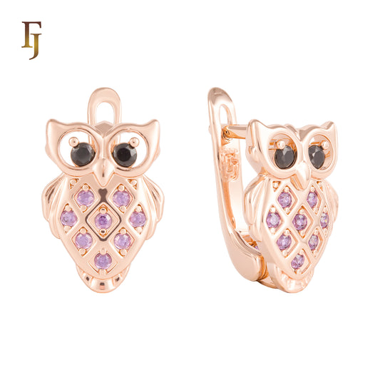 Charming Rose Gold Owl Earrings with Purple and Black CZ Stones – Cute Animal Jewelry Gift for Girls and Women