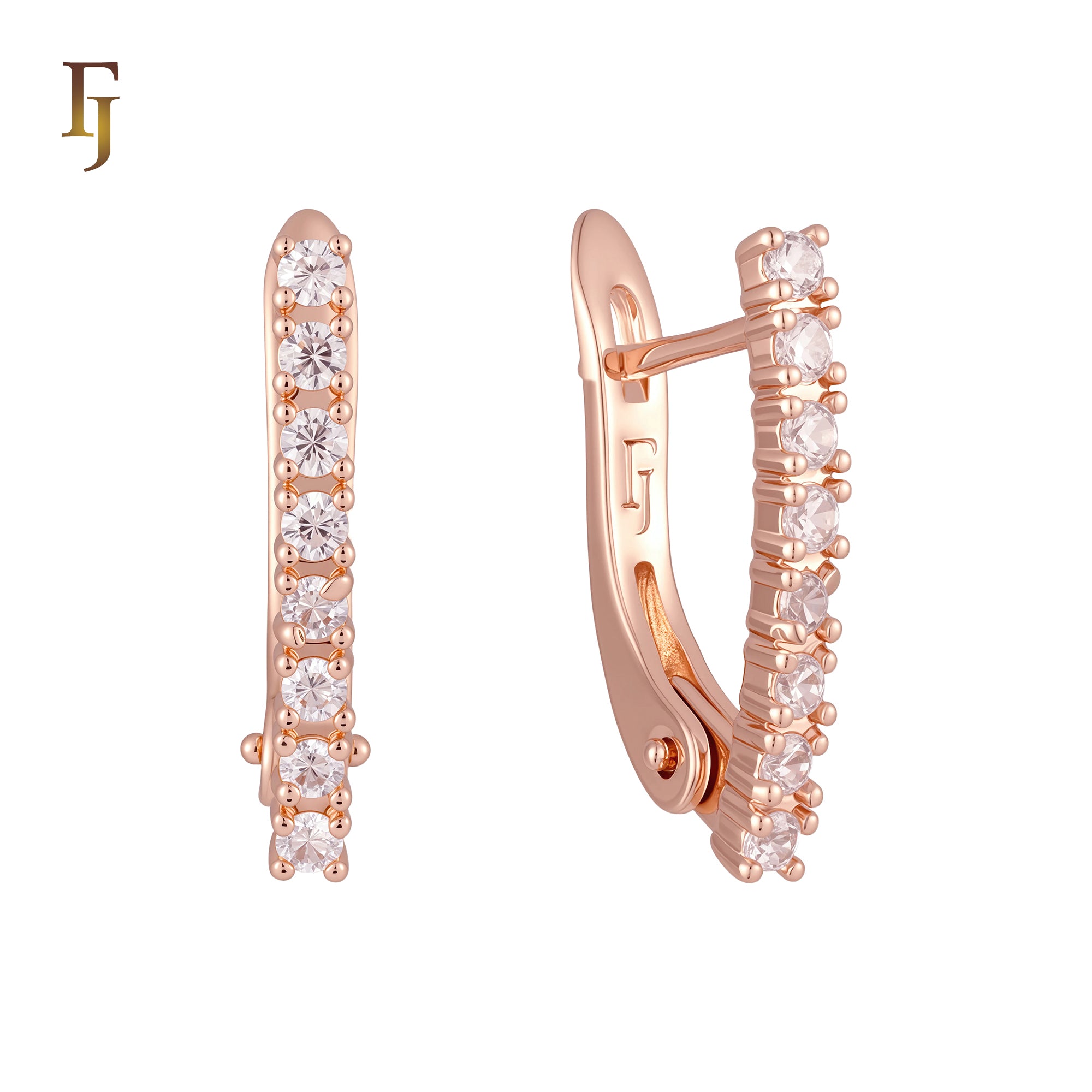 Row of cluster white CZs Rose Gold, two tone Russian Lock Earrings
