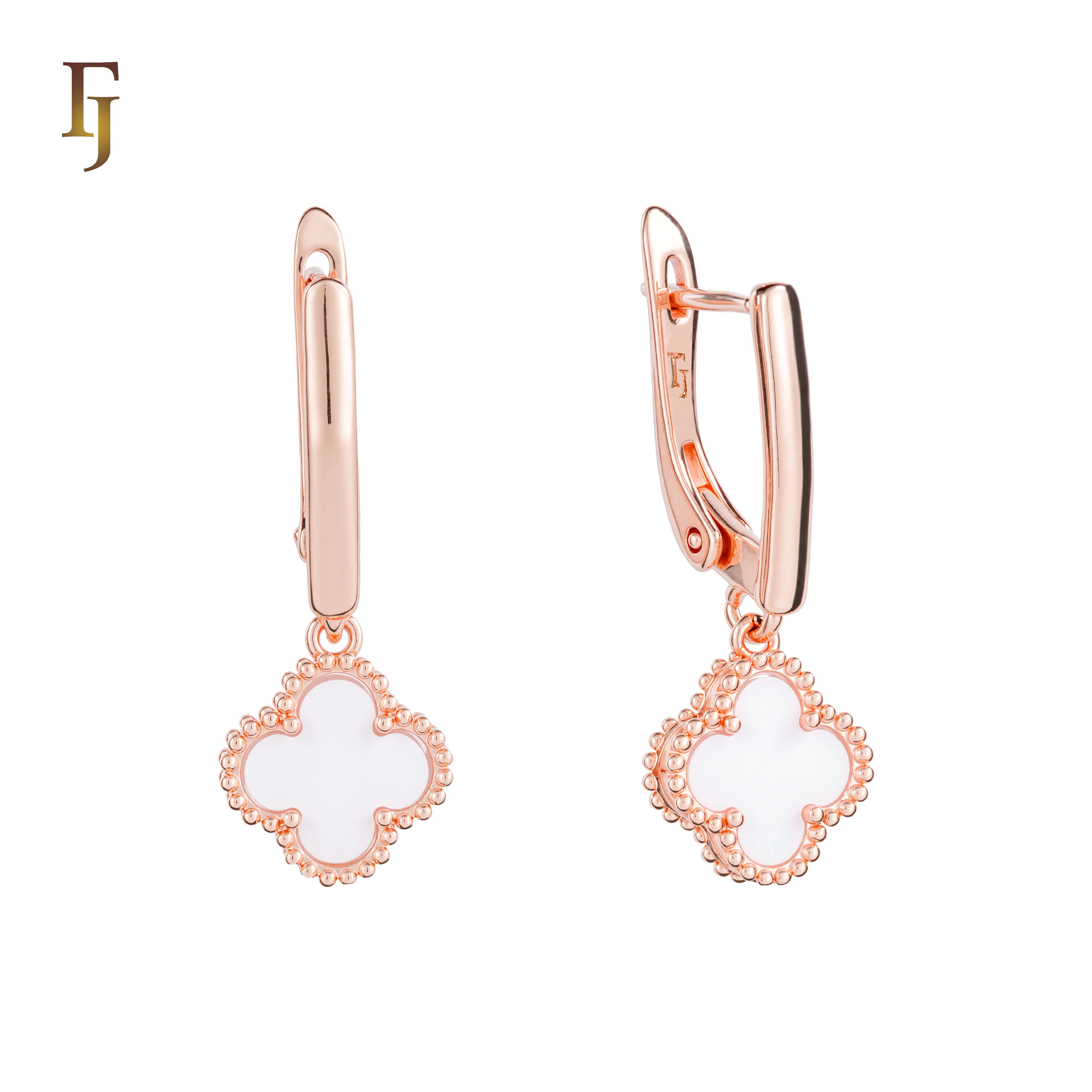 🔥 Rose Gold Drop Earrings with White Clover Charm – Elegant Russian Lock Earrings for Women