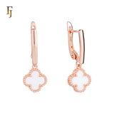 🔥 Rose Gold Drop Earrings with White Clover Charm – Elegant Russian Lock Earrings for Women