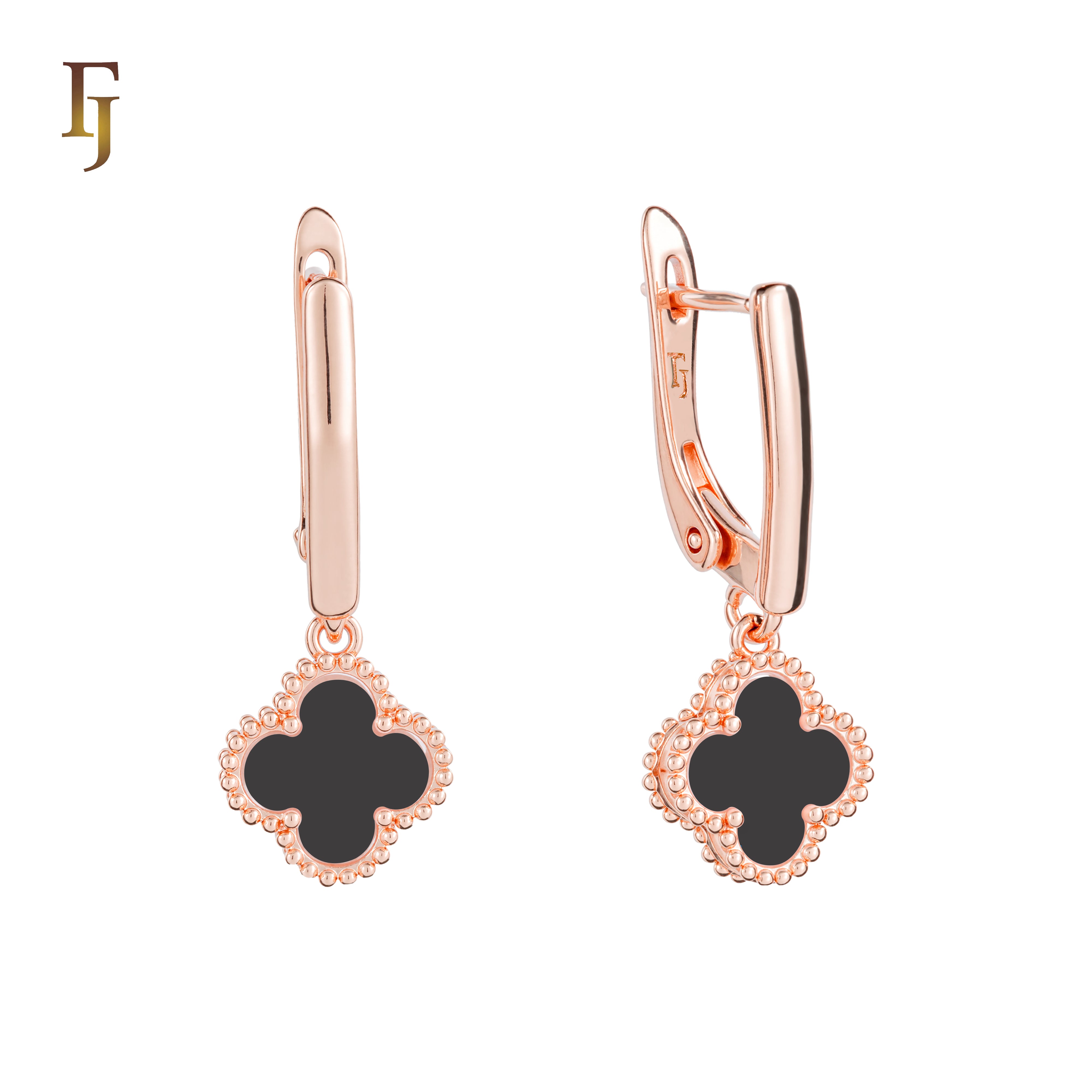 🔥 Rose Gold Drop Earrings with White Clover Charm – Elegant Russian Lock Earrings for Women