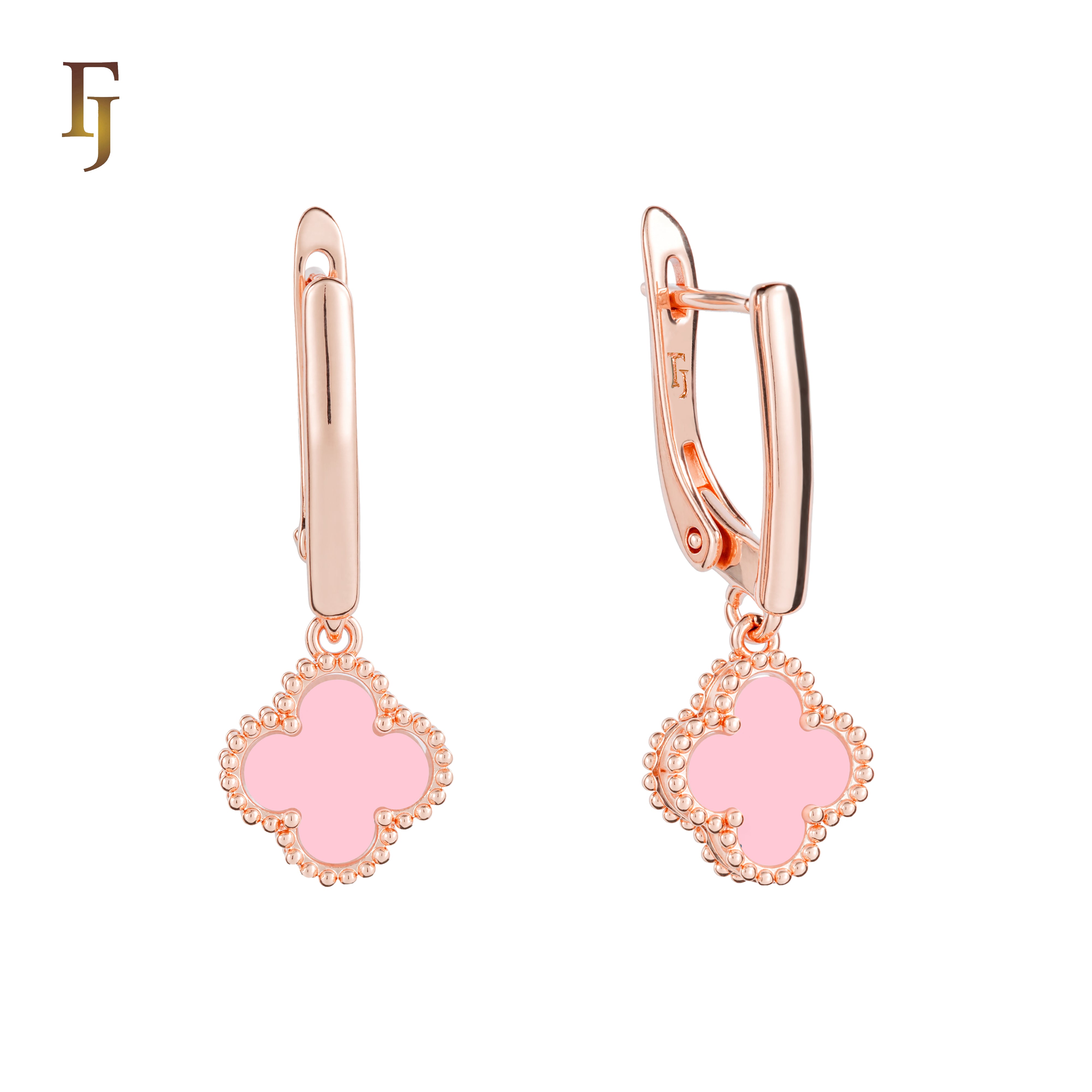 🔥 Rose Gold Drop Earrings with White Clover Charm – Elegant Russian Lock Earrings for Women
