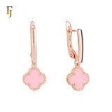 🔥 Rose Gold Drop Earrings with White Clover Charm – Elegant Russian Lock Earrings for Women