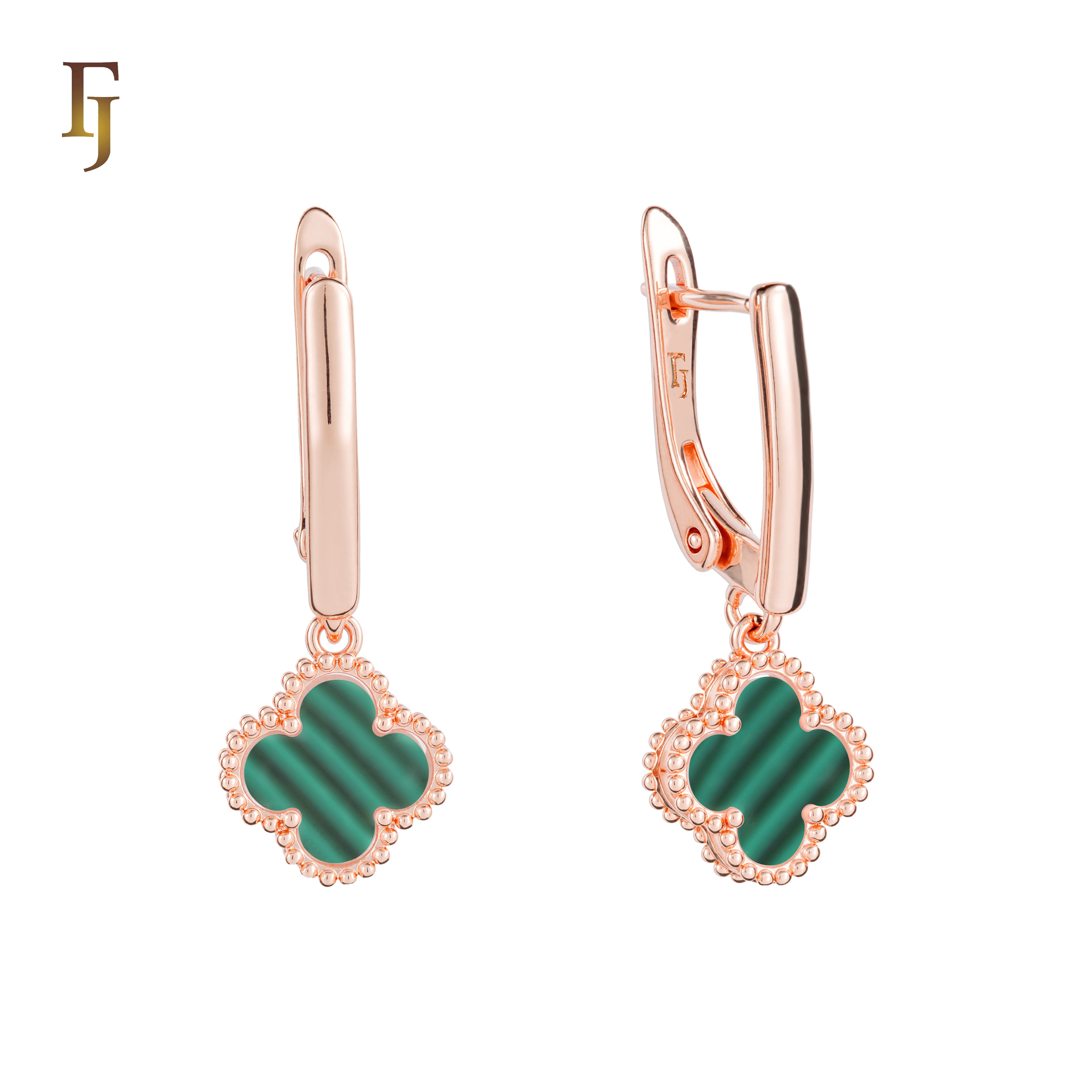 🔥 Rose Gold Drop Earrings with White Clover Charm – Elegant Russian Lock Earrings for Women
