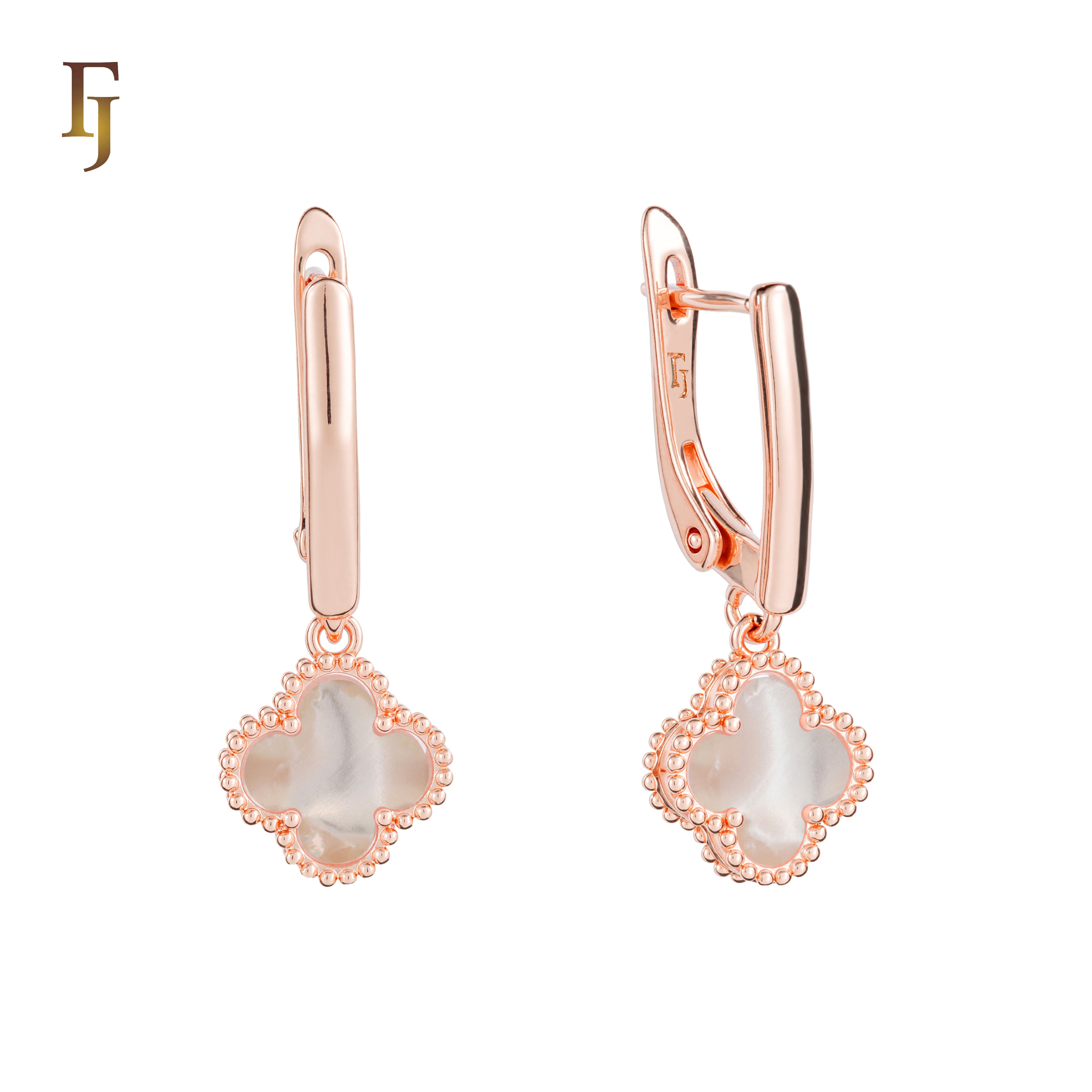 🔥 Rose Gold Drop Earrings with White Clover Charm – Elegant Russian Lock Earrings for Women