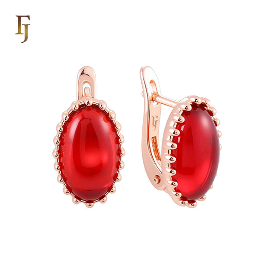 Beaded oval big cabochon stone Rose Gold Russian Lock Earrings