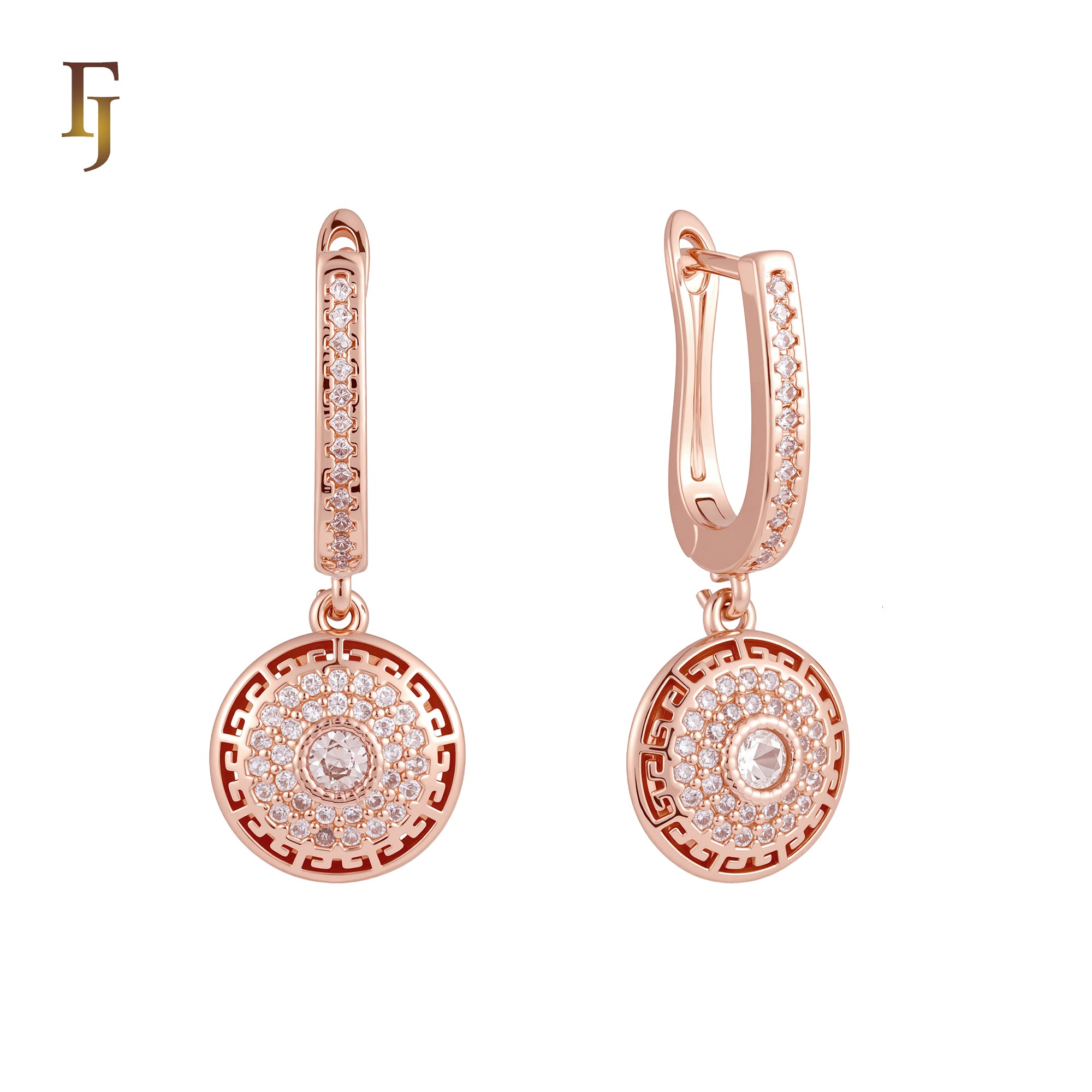 Double Halo white CZs Greey key Rose Gold drop Russian Lock Earrings