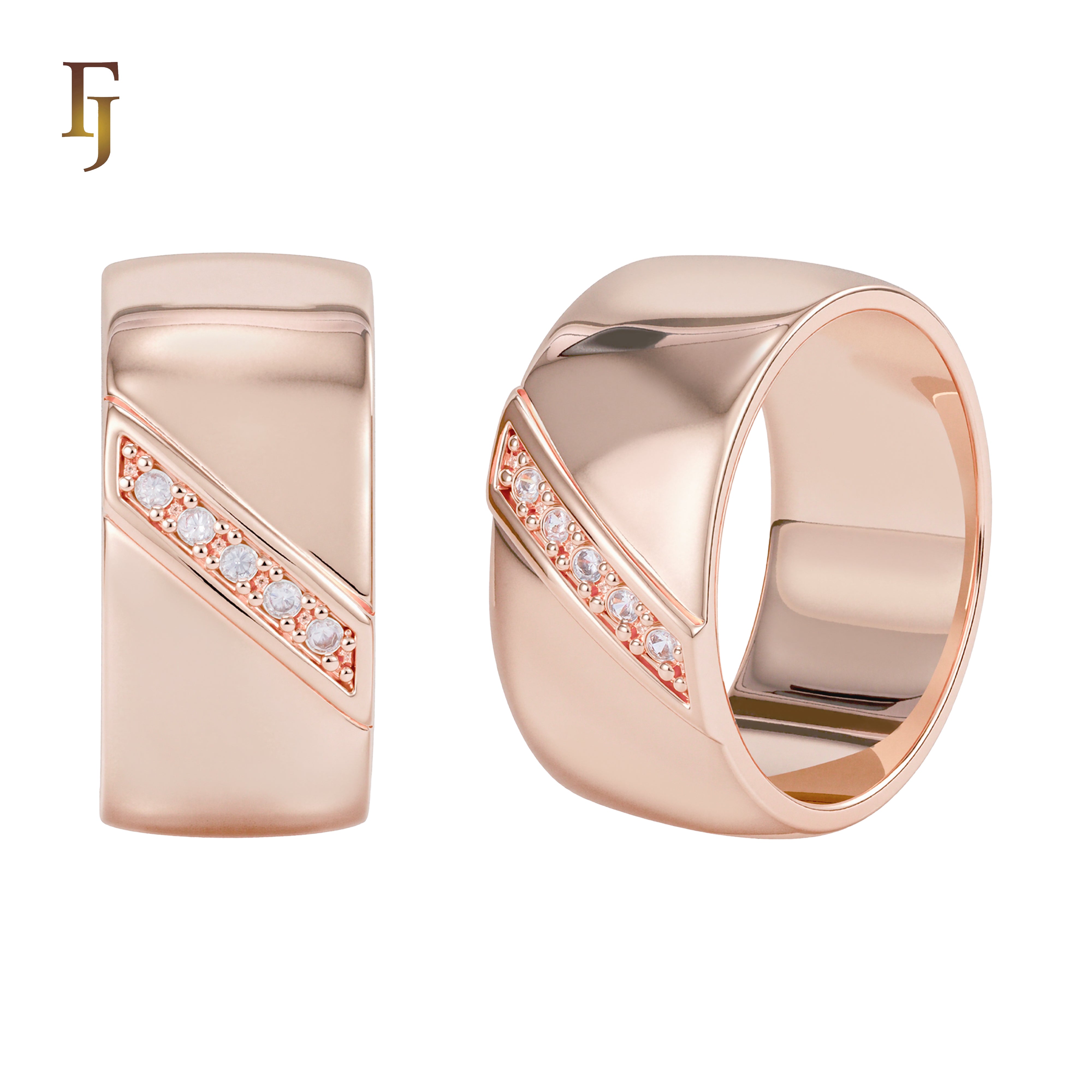 Bold Two-Tone Gold Plated Wide Band Ring with Diagonal CZ Inlay for Men or Unisex