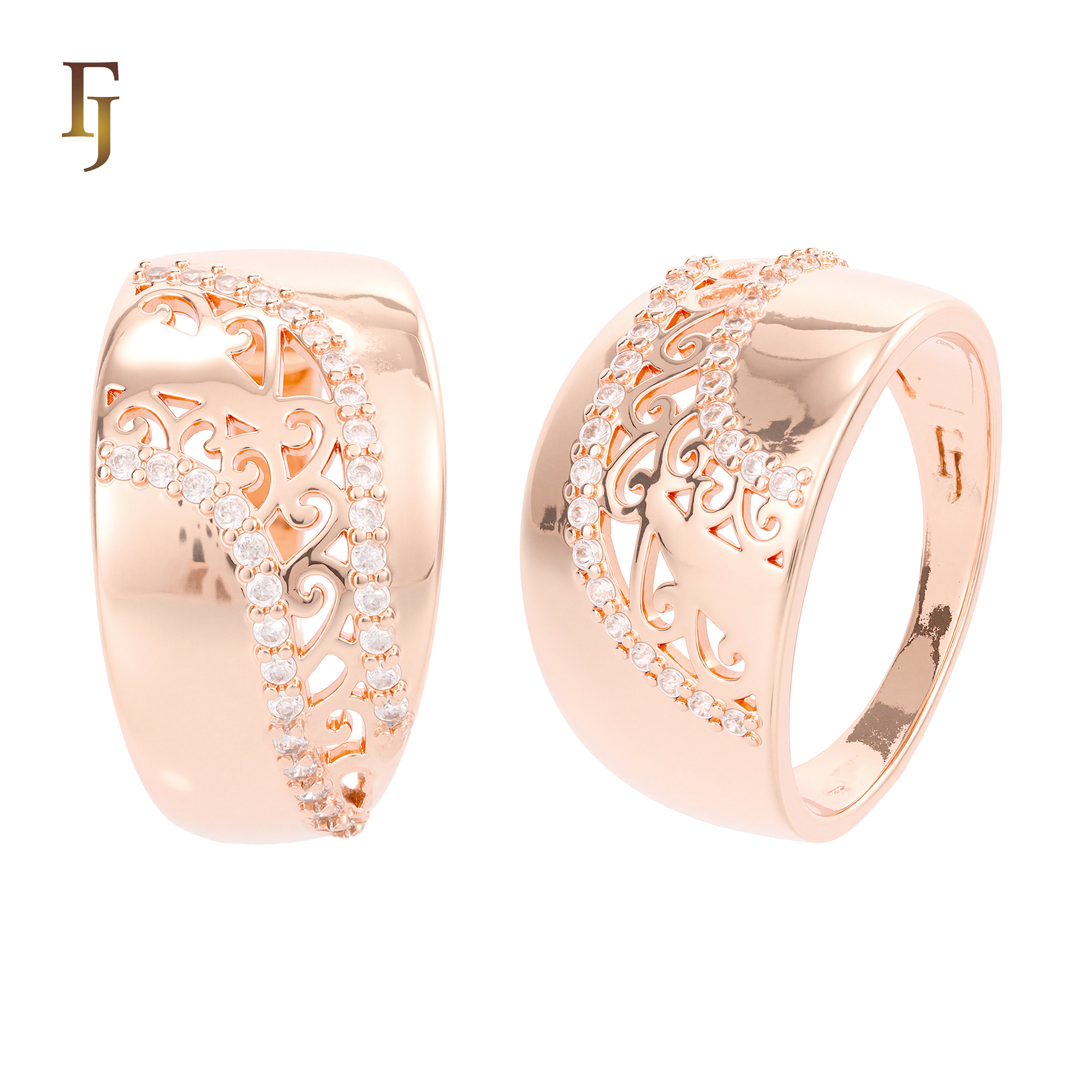 Elegant Silver Wide Band Ring with Filigree Cutout and CZ Accents – FJ Jewelry