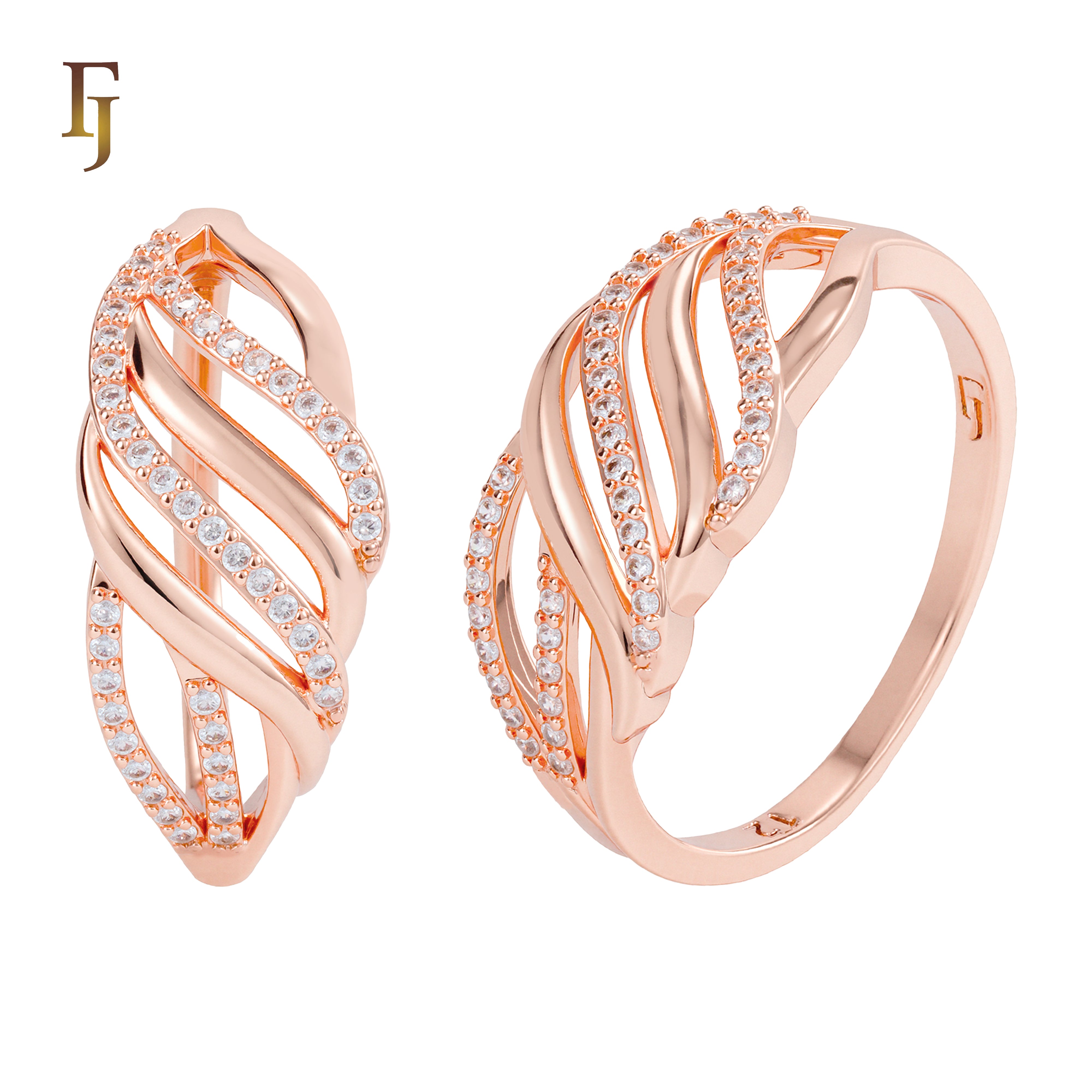 Gold Plated Wide Band Ring with Intertwined Cubic Zirconia Waves Design