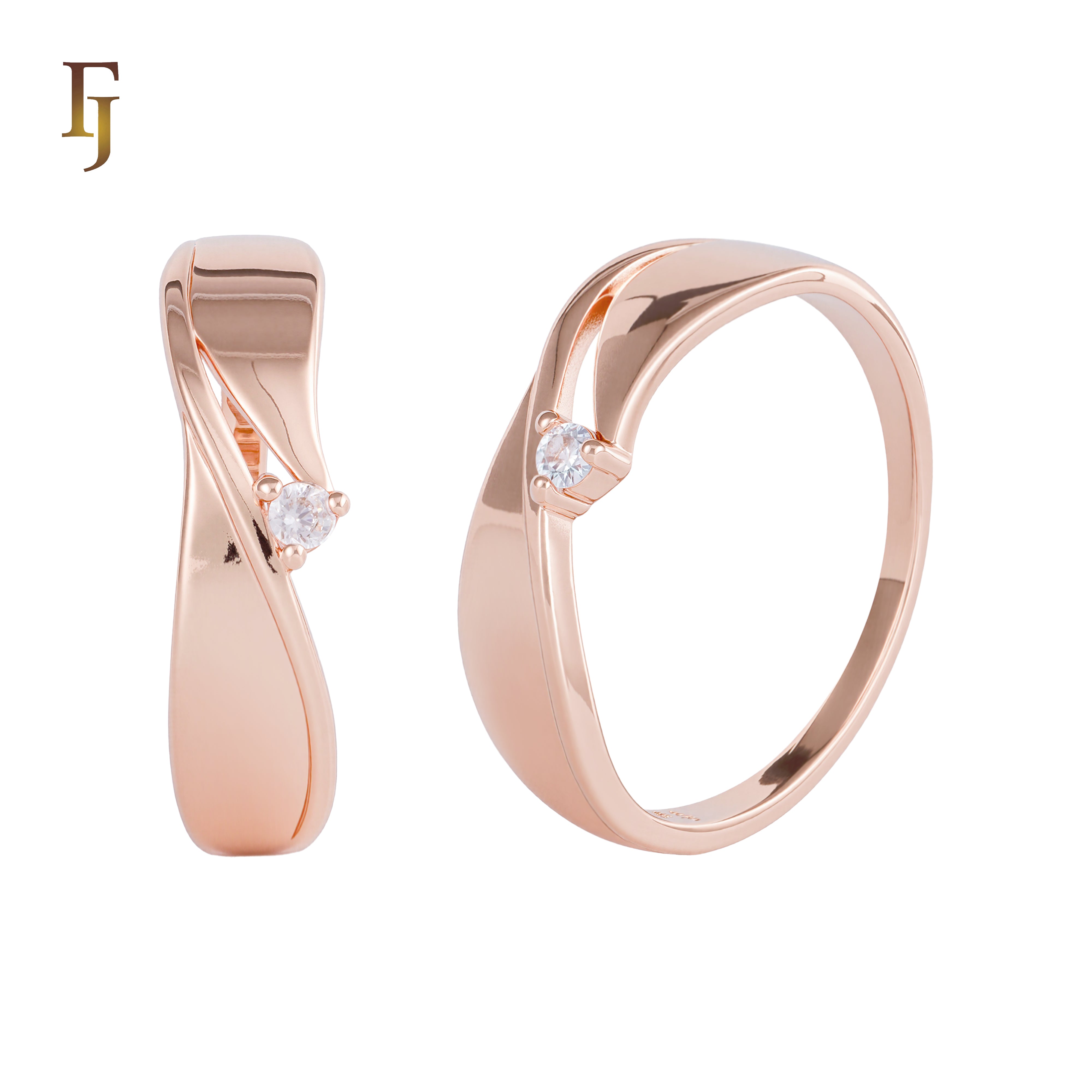 Rose Gold Wave Solitaire Ring with Round CZ – Elegant Promise Ring for Women | FJ Fallon Jewelry
