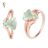 Rose Gold Plated Ring with Green Trillion Cut CZ and Wave Design Band | FJ Fallon Fashion Jewelry