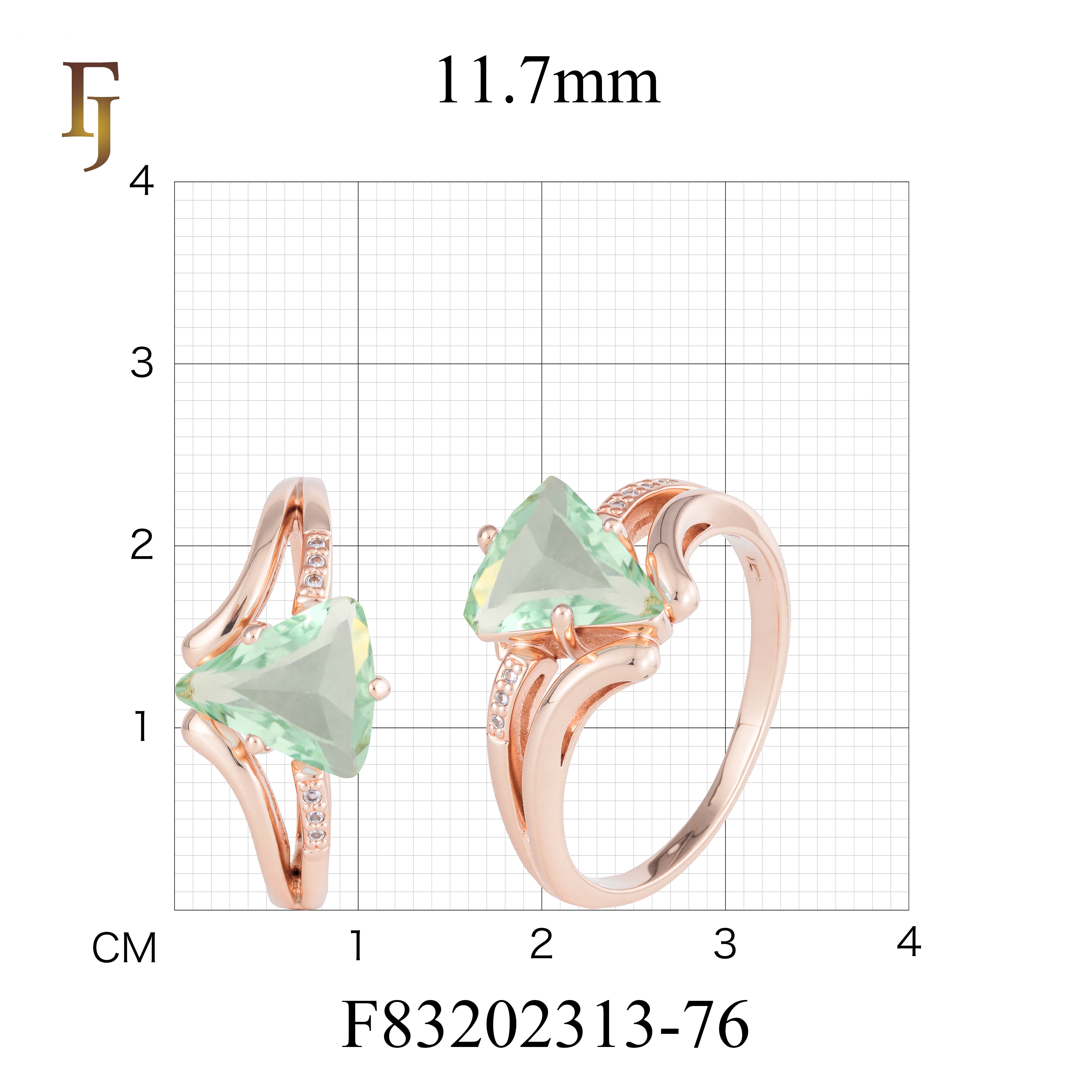 Rose Gold Plated Ring with Green Trillion Cut CZ and Wave Design Band | FJ Fallon Fashion Jewelry