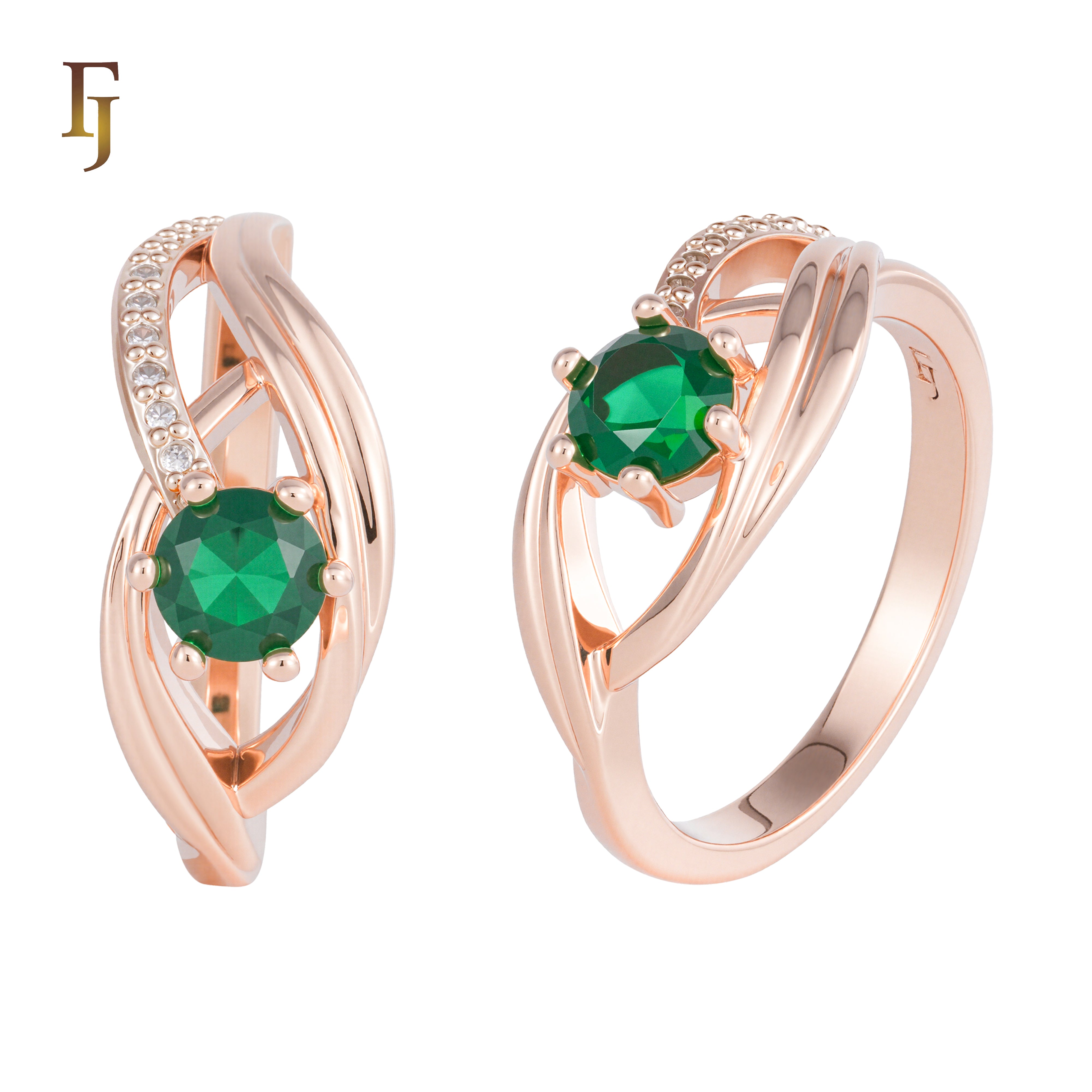 Silver Twist Band Ring with Green Round CZ and Pave Accents – FJ Jewelry