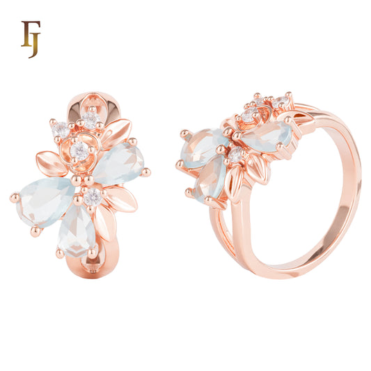 Rose Gold Floral Cocktail Ring with Blue CZ Petals | Elegant Statement Ring | FJ Fallon Jewelry