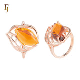 Rose Gold Leaf Ring with Orange Marquise Gemstone | Nature Inspired Statement Ring | FJ Fallon Jewelry