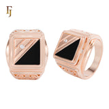 Square Black Onyx Men’s Ring – Gold Plated Brass Signet Ring with CZ Accent, Vintage Engraved Sides