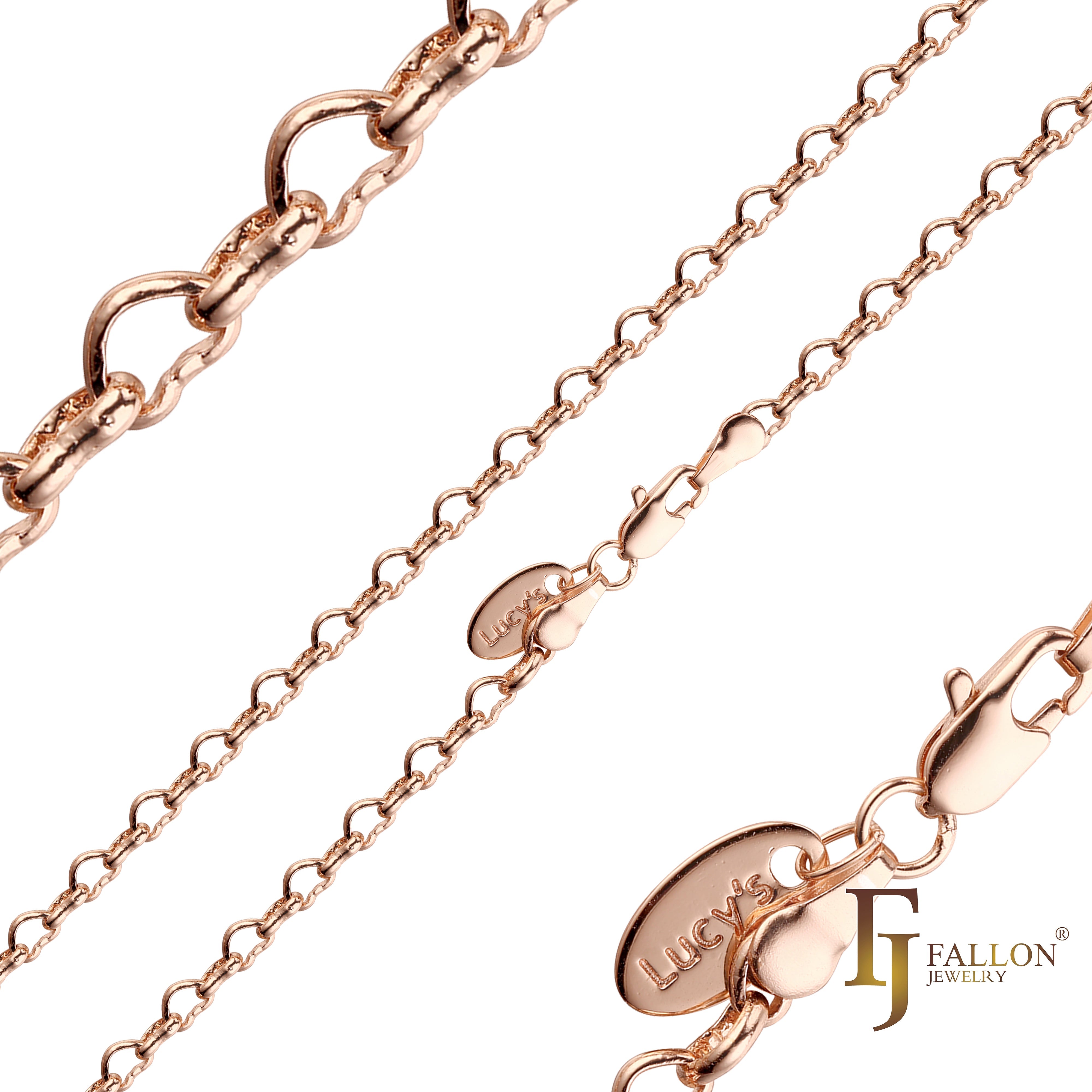 Heart fancy cable link chains plated in 14K Gold, Rose Gold