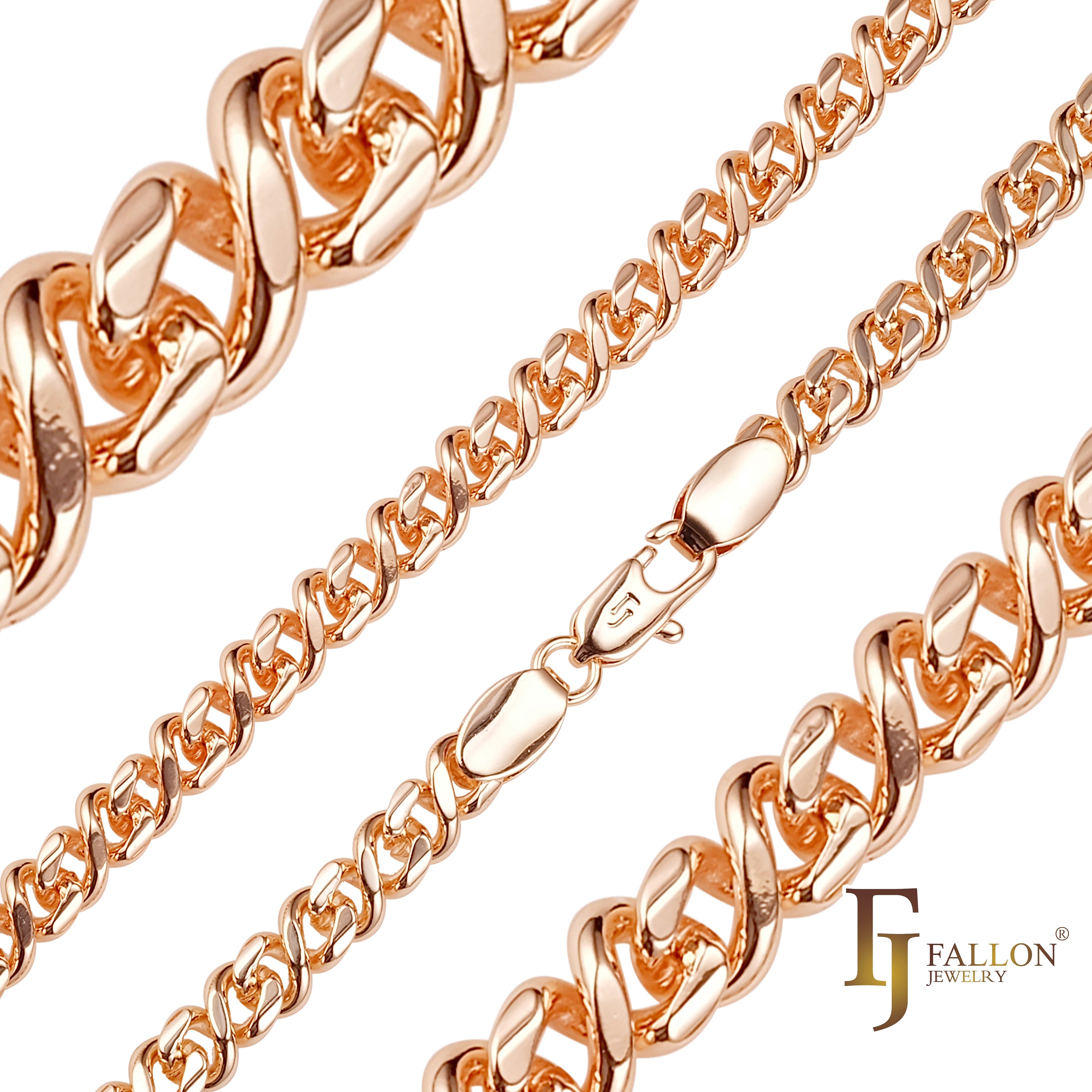 .Classic Infinity 8 link chains plated in White Gold, 14K Gold, Rose Gold, two tone