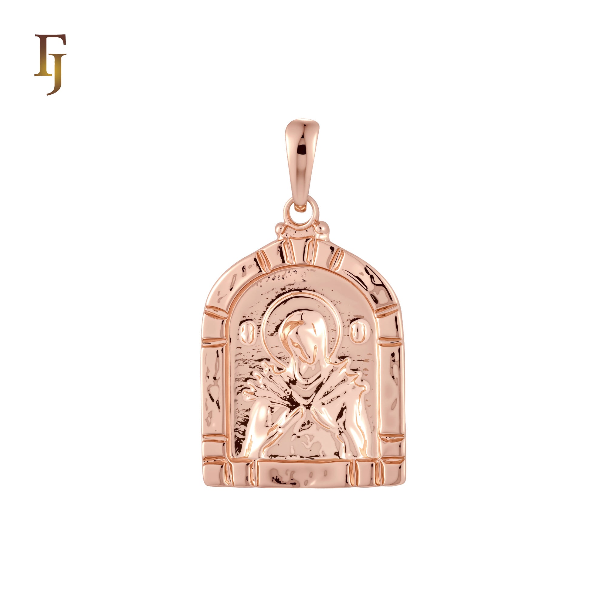 Religious Arched Portrait of Virgin Mary of Seven Sorrows Rose Gold Religious Pendant