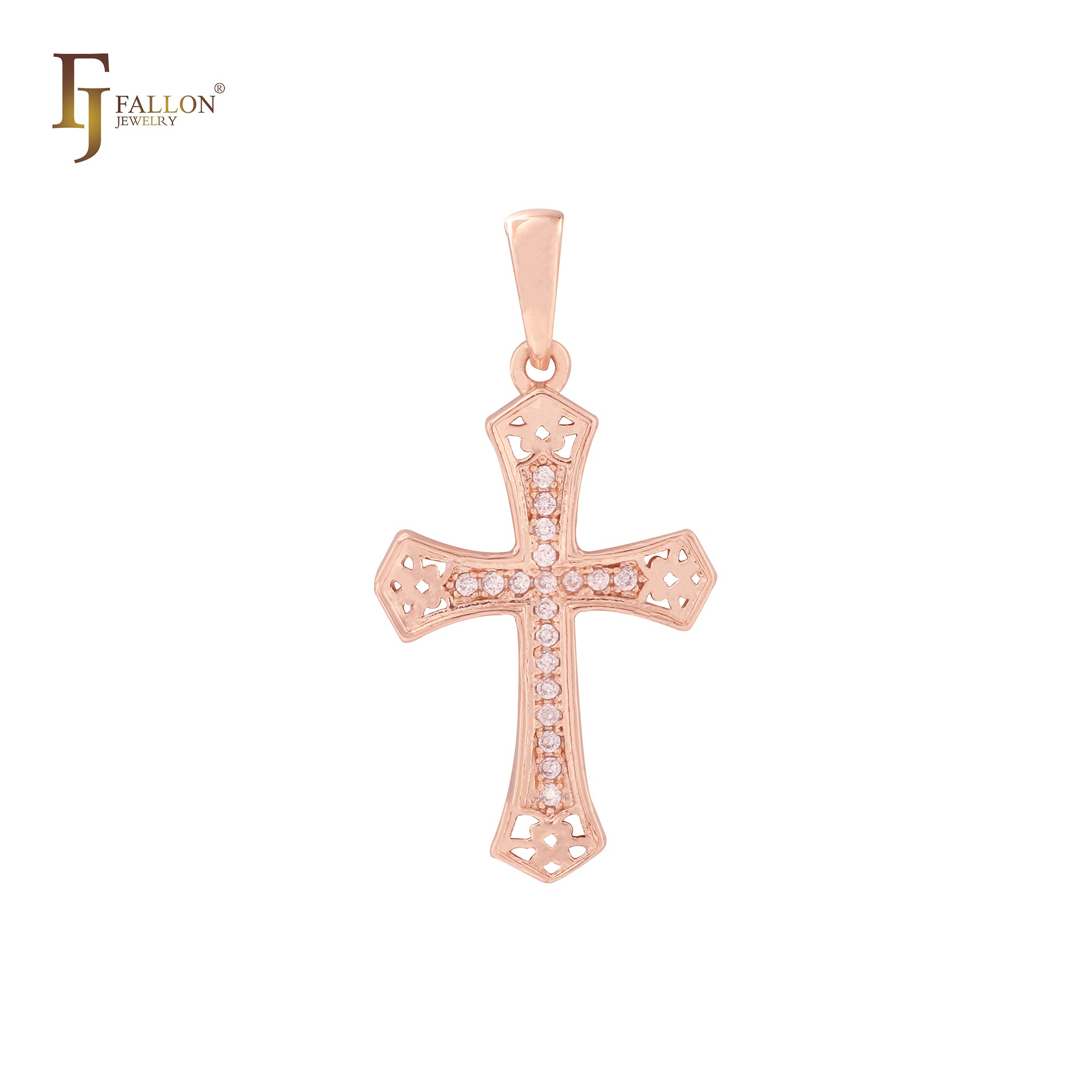 Cluster white CZs Rose Gold, 14K Gold Latin Cross Pendant