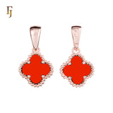 🔥 Clover-Shaped 12mm Colorful Onyx Pendant in Beaded Frame, 14K Gold, Rose Gold, White Gold Plated Brass | FJ Fashion Jewelry