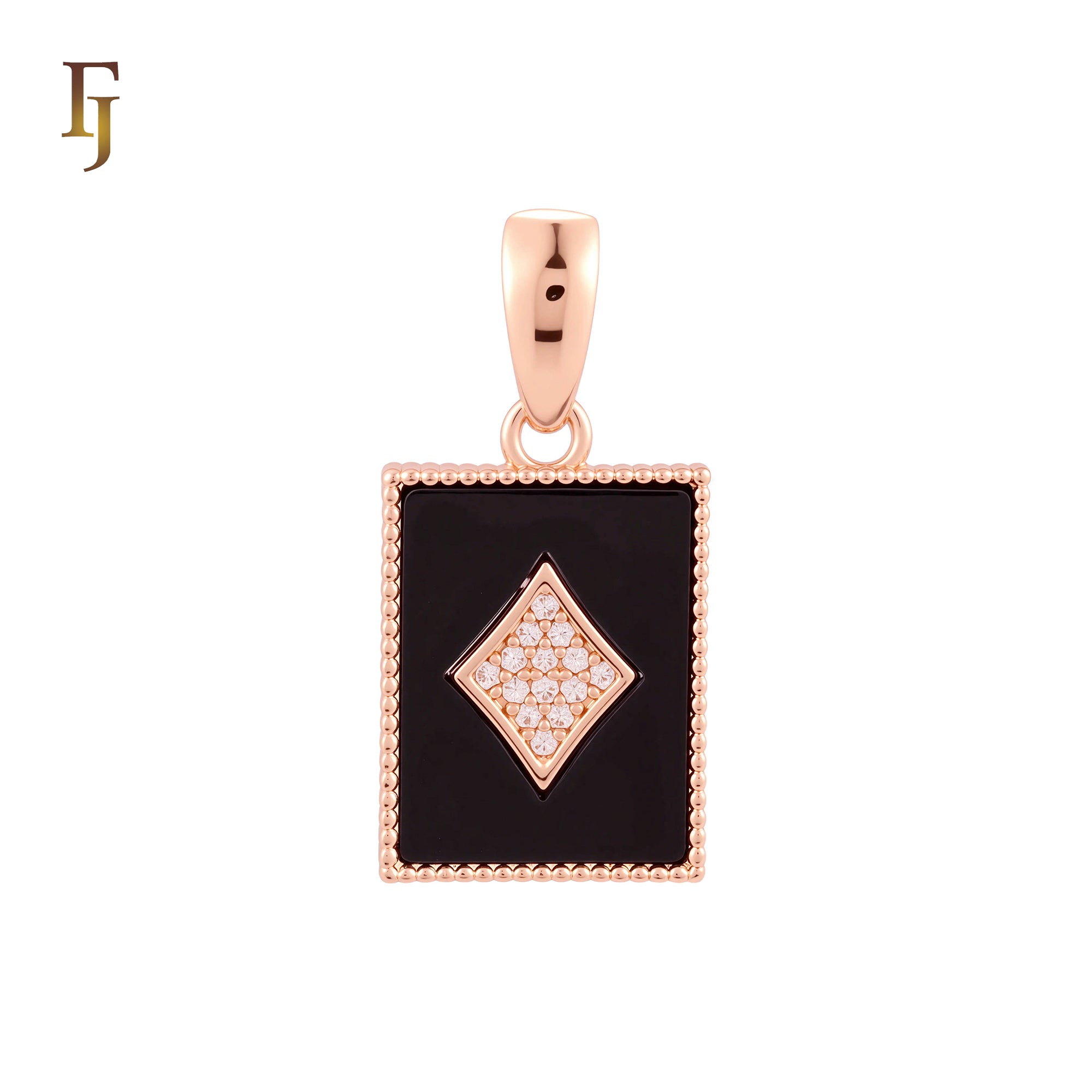 Rectangular black oil painted poker card white CZs Paved Rose Gold Pendant