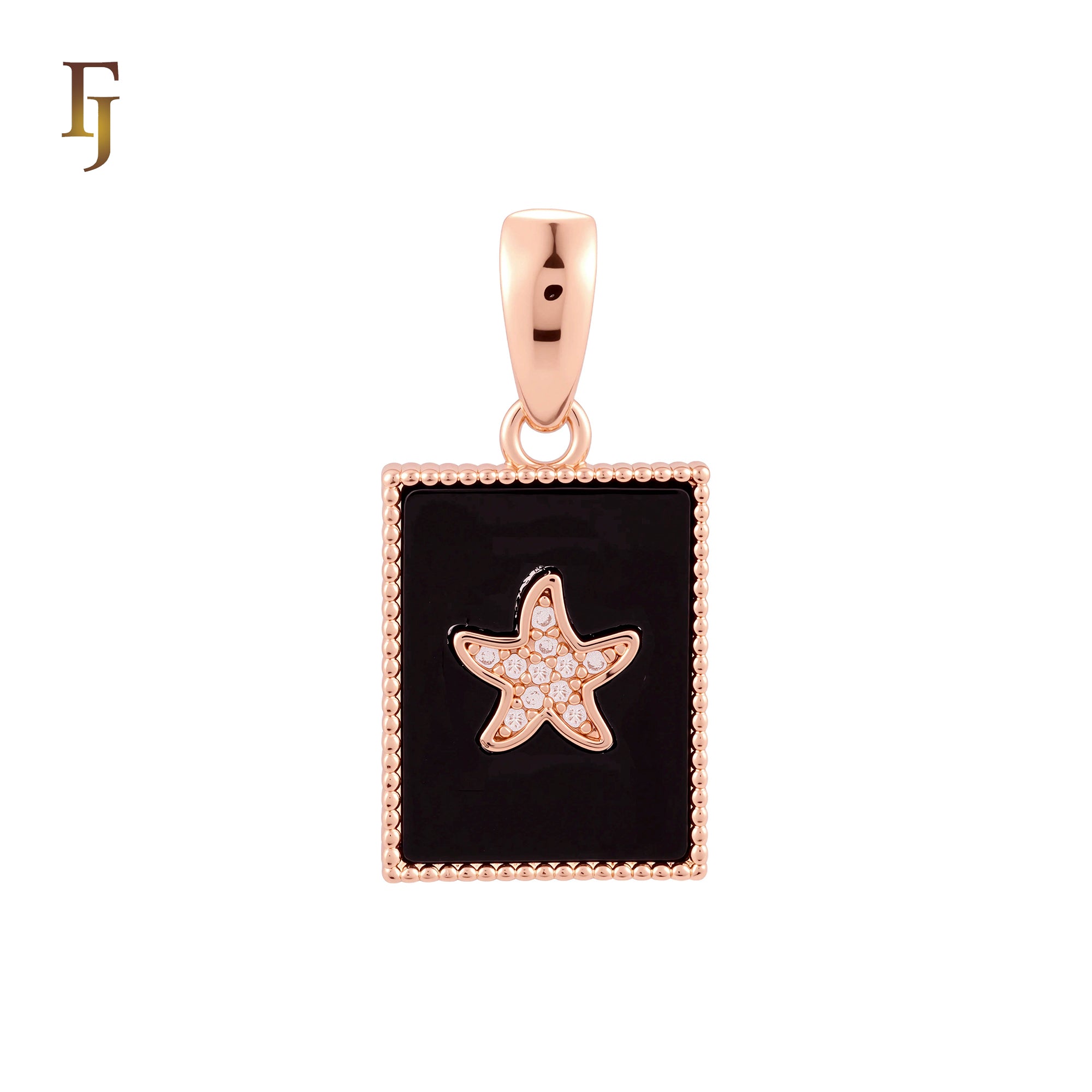 Rectangular black oil painted poker card white CZs Paved Rose Gold Pendant