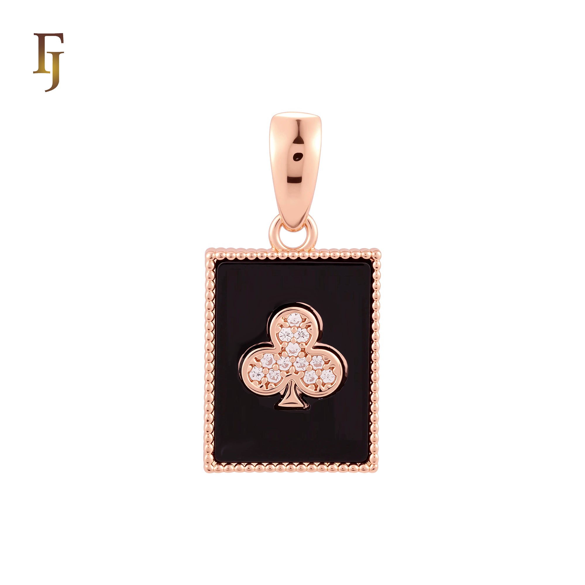 Rectangular black oil painted poker card white CZs Paved Rose Gold Pendant