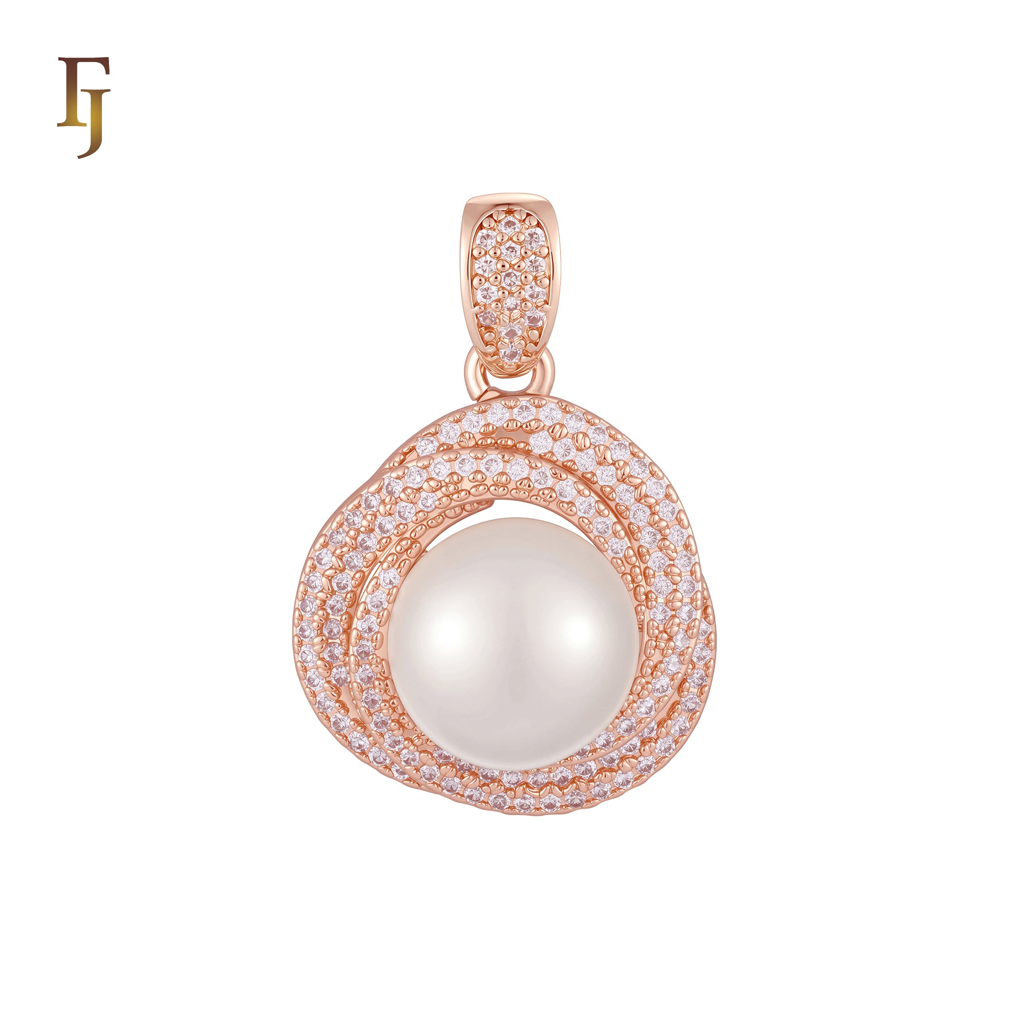 Double circle paved white CZs solitaire pearl Rose Gold Pendant